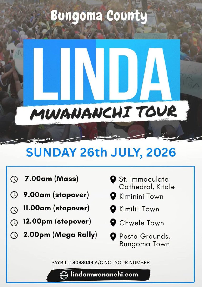 Sumbasule's tweet photo. Today, I join the people of Bungoma for the Linda Mwananchi Tour.
I look forward to listening, exchanging ideas and strengthening the movement we are building together through the Liberal Democratic Party.
See you in Kitale, Kiminini, Kimilili, Chwele and Bungoma Town. https://t.co/z7hbsksUAB