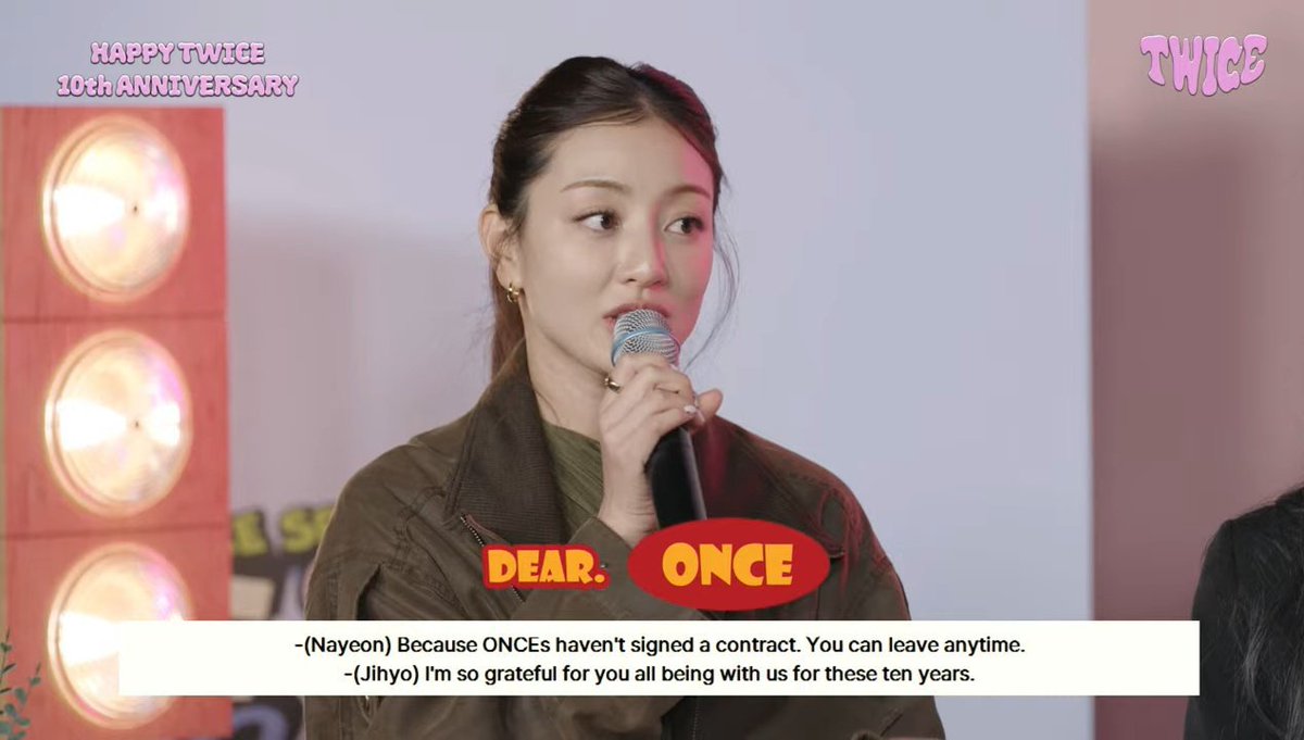 OT_9WICE's tweet photo. NAYEON: Because ONCEs haven't signed a contract. You can leave anytime.

JIHYO: I'm so grateful for you all being with us for these ten years

TWICE: Thank you

JIHYO: See you on the 11th anniversary, everyone https://t.co/REIFAu7HUT