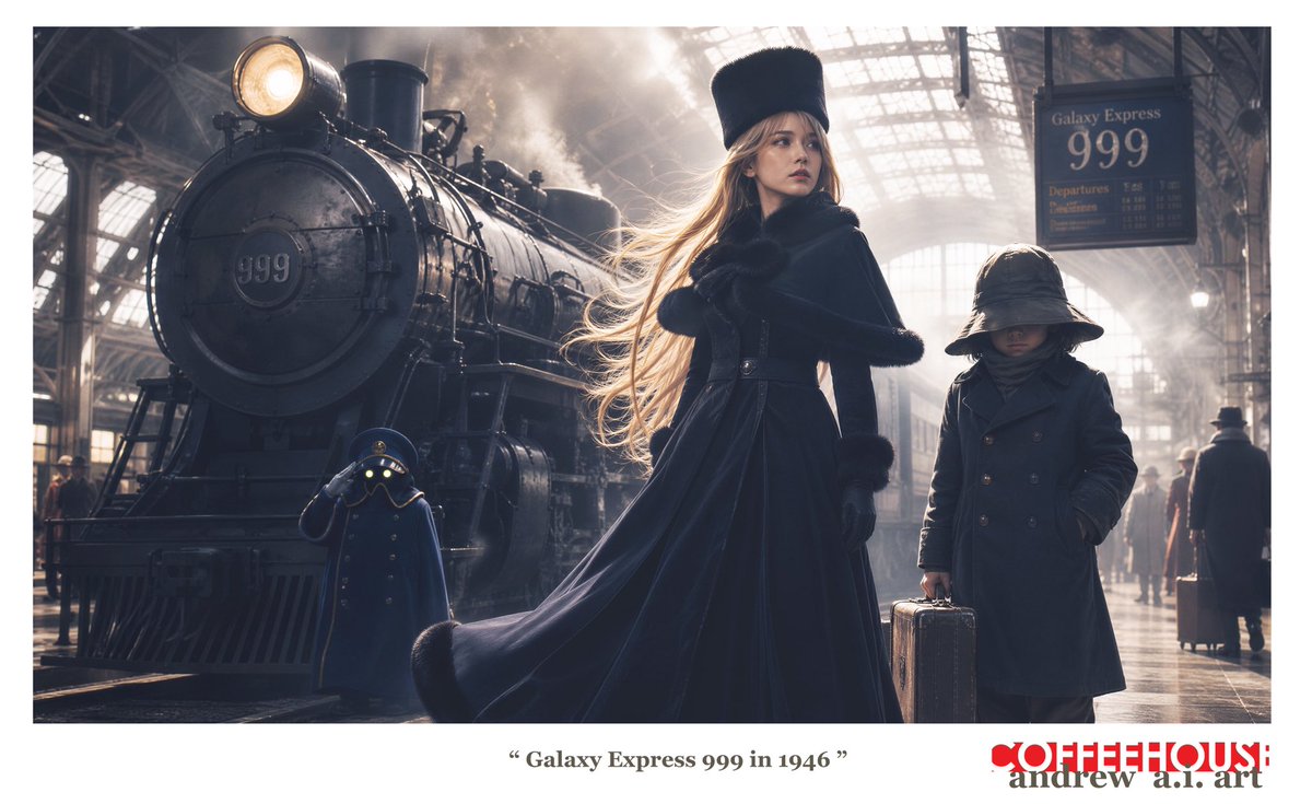 AndrewCoffee007's tweet photo. Maetel and Tetsuro returned to the Earth in 1946 after the adventurous Space trip with the legendary Galaxy Express 999.

Art Creator : Andrew@CoffeeHouse
Base on the characters of ”銀河鐵道999“
Original by : 松���零士 ( 1938-2023 )
#銀河鉄道999 #松本零士 #galaxyexpress999  #aiart https://t.co/YoFUfK2hwf