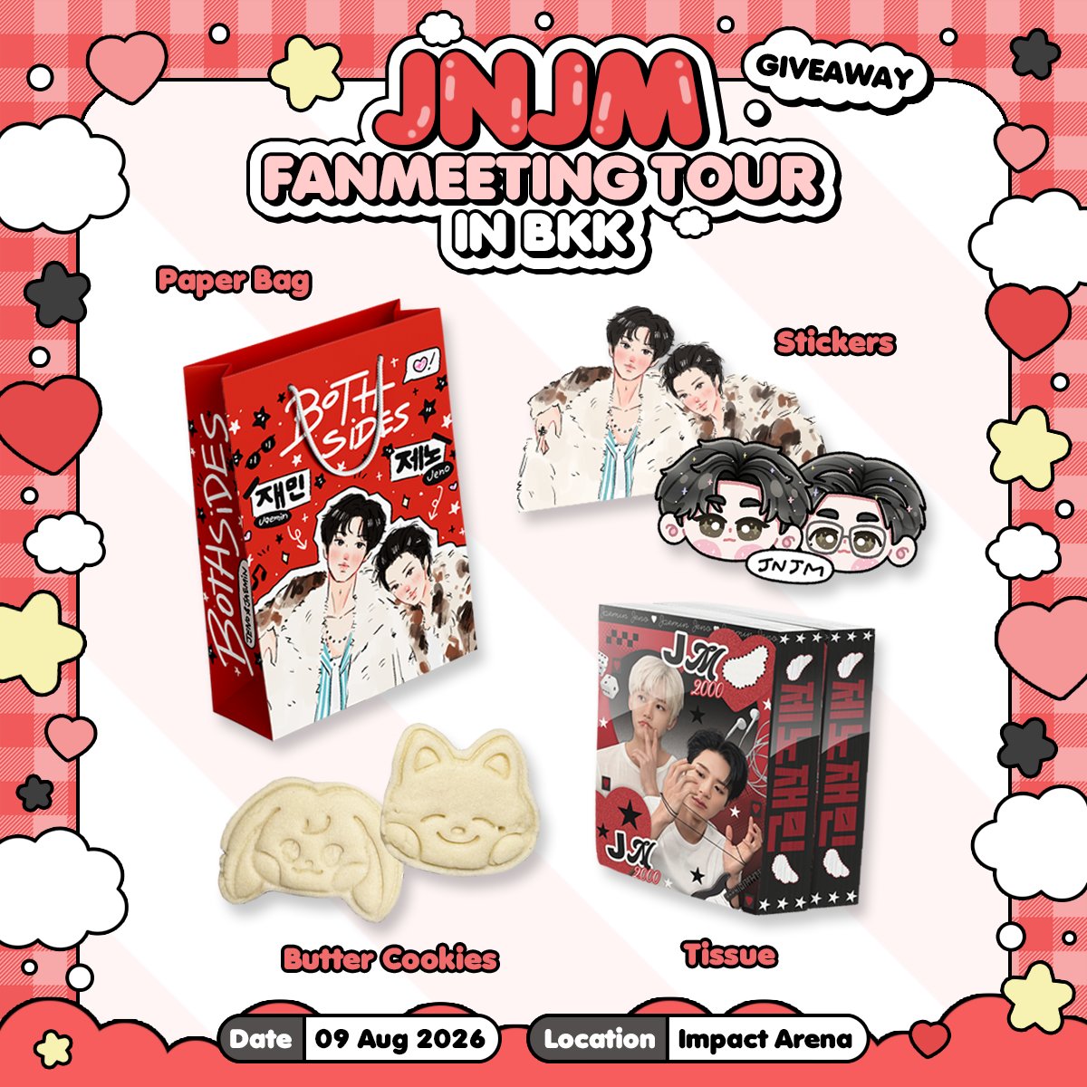 ccinotnig's tweet photo. — pls kindly rt ☆‧₊🐶🐰

♡ giveaway jnjm fanmeeting in bkk ♡

☆ paper bag
☆ sticker
☆ butter cookie (jjed and kkyuping)
☆ tissue
☆ ₊postcard (กำลังสั่งทำอยู่)₊

Date : 9 AUG 2026
Location : IMPACT ARENA
Time : TBA

#NCTJNJM_FANMEETING_TOUR #NCTJNJM_FANMEETING_TOUR_DUALITY