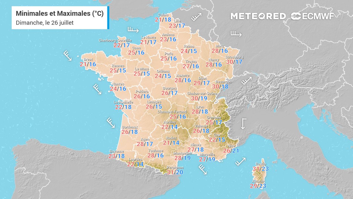 MeteoredFR's tweet photo. Quelle #meteo en #France pour ce dimanche 26 juillet 2026 ?

Encore un peu d'instabilité parfois orageuse mais toujours de la chaleur surtout au sud. 🌦️ Air plus respirable sur un bon quart nord-ouest. 🌤️
 
Retrouvez toutes nos #previsions ici ⤵️
https://t.co/Qd9Pz7yBBv https://t.co/zLsMa2J2Sm