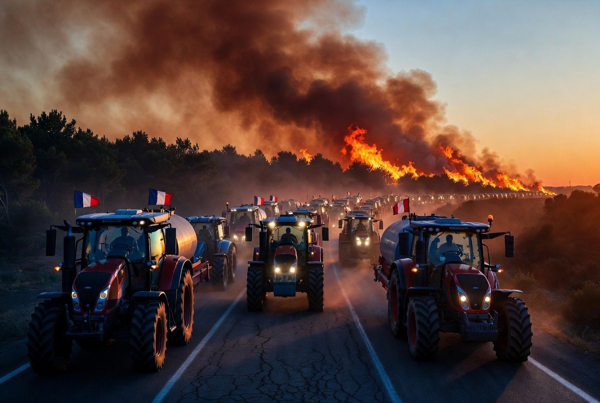 Guigz75116's tweet photo. L’État absent… les agriculteurs au front.

L’ÉTAT EST MORT.

Ou plutôt : l’État est un fantôme qui ne se réveille que pour taxer, contrôler, interdire et écraser.

Pendant que la Gironde brûle, pendant que des dizaines de milliers de Français sont évacués, pendant que les pompiers s’épuisent ce sont nos agriculteurs qu’on a passé à la moulinette toute l’année qui se mettent en route avec leurs citernes, avec leurs tracteurs, avec leur eau, avec leur dignité.

Oui, les mêmes qu’on a traités de pollueurs. Les mêmes qu’on a noyés sous les normes européennes, les contrôles, les interdictions d’épandage, les taxes carbone, les factures d’électricité qui explosent.

Les mêmes à qui on a dit « vous êtes trop nombreux », « vous devez disparaître », « le modèle est dépassé ».

Et c’est eux qui partent. Pas les ministres.Pas les hauts fonctionnaires.
Pas les consultants bien payés.
C’est eux.

L’agriculteur qui galère à payer ses factures.
Celui qui se couche à 23h et se lève à 4h.
Celui qui regarde ses comptes et se demande s’il va tenir jusqu’à la prochaine récolte.
Celui qui a vu ses revenus fondre pendant que les normes s’empilaient.

C’est lui qui remplit sa citerne et prend la direction de Bordeaux.
Pendant que l’État regarde ailleurs.
Ou pire : pendant que l’État continue de lui coller des paperasses.

La France de Macron en 2026, c’est ça :
On détruit ceux qui produisent.

On les humilie.

On les asphyxie.

Et quand le feu arrive, on compte sur leur solidarité.

On leur a tout pris.

Leur liberté d’entreprendre.

Leur fierté.

Parfois même leur avenir.

Et ils donnent encore.

Ils donnent leur eau.

Ils donnent leur temps.

Ils donnent leur force.

Où était l’État quand les agriculteurs manifestaient sous la pluie et le froid ?
Où était l’État quand on leur interdisait de travailler ?
Où était l’État quand on les traitait de « reactionnaires » et de « climatosceptiques » ?

Absent.

Toujours absent.

Sauf pour sortir le bâton, les amendes, les contrôles et les discours moralisateurs.

Aujourd’hui, face à l’ogre de feu qui ravage la Gironde, ce ne sont pas les bureaux parisiens qui sauvent ce qui peut l’être.
Ce sont les hommes et les femmes de la terre.
Ceux qu’on voulait faire taire.

Ceux qu’on voulait faire disparaître.

Ils n’attendent pas de médaille.

Ils n’attendent pas de discours.

Ils n’attendent même plus de reconnaissance de la part de ceux qui les ont trahis.

Ils agissent.

Parce que c’est dans leur nature.

Parce que la France, la vraie, c’est eux.

Respect éternel.

Respect infini.

Respect absolu à nos agriculteurs.

À ceux qui, malgré tout, continuent de nourrir le pays et, en plus, de le défendre quand il brûle.

Vous êtes la colonne vertébrale de cette nation.

Vous êtes ce qui reste de solide quand tout le reste s’effondre.

Vous êtes la preuve vivante que la dignité n’est pas morte en France.

Pendant que d’autres discutaient de quotas, de transition, de sobriété…
vous, vous chargeiez vos citernes.

Pendant que d’autres se donnaient des airs de sauveurs de la planète vous, vous partiez au front.

Chapeau bas.

Jusqu’au sol.

Pour toujours.

À tous les agriculteurs de France :

Merci.

Merci d’exister.

Merci de ne jamais abandonner.

Merci d’être encore là quand le pays a besoin de vous.

Vous méritez bien plus que des likes.

Vous méritez le respect éternel de toute une nation.

Et ce respect, nous vous le devons.

Pour toujours.
🚜❤️🇫🇷