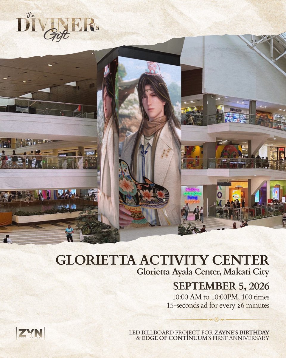 absolutezayneph's tweet photo. 41 days from now, the Deity shall see his journey celebrated in a go-to place for family-friendly fun events, mall concerts by local and foreign artists, launches, and unique food fairs and product exhibits.

Find The Diviner’s first Gift at:
📍 Glorietta Activity Center, Makati City

❄

This upcoming #Zaynetember event is a non-profit initiative personally financed by Absolute Zayne PH. Please be cautious of any individuals or groups claiming to represent us.

This is fan-led, unofficial, and not affiliated with or endorsed by Infold Games and Paper Games. All trademarks and content belong to their respective owners.

#loveanddeepspace #zayne #TheDivinersGift #AbsoluteZaynePH #黎深 #恋与深空 #レイ #이서언