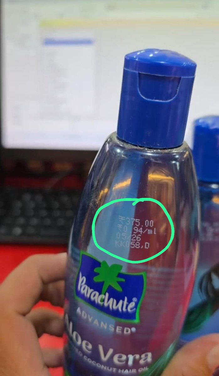 sonali0_'s tweet photo. MRP made it look less like a product... and more like an IPL auction! 😳

The same company, the same product... so why is there a ₹115 difference in MRP? 🤔

While shopping at Superstore by Nykaa, a girl noticed something that made her stop and think.

Two Parachute Advansed Aloe Vera Hair Oil (400ml) bottles were placed side by side.

- First bottle: MRP ₹260
- Second bottle: MRP ₹375

That's a straight ₹115 difference! 😳

✅ Same brand
✅ Same product
✅ Same quantity (400ml)

So the question is: If the product and quantity are the same, what justifies such a big difference in MRP?

Could it be a different manufacturing batch, updated packaging, a pricing strategy, or something else? If there is a valid reason, it should also be communicated clearly to customers.

Most people simply pick up a product based on the brand and rarely check the MRP. When products with different MRPs are placed on the same shelf, customers may unknowingly end up paying more.

 So, the next time you shop, don't just look at the discount-always check the MRP, quantity, and manufacturing date.

Have you ever noticed different MRPs on the same product? If yes, what do you think could be the reason? 👇