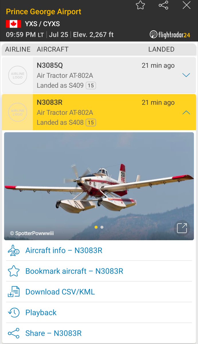 Kamscan's tweet photo. The Quebec Ducks are on their way for #bcfire #SuperScooper I see a couple #abfire CL -215's at #CranbrookBC also .There's a couple of Dauntless Air fire bosses that recently landed in #PrinceGeorge tonight not sure if they're are passing through https://t.co/Zowtlyk9Pl