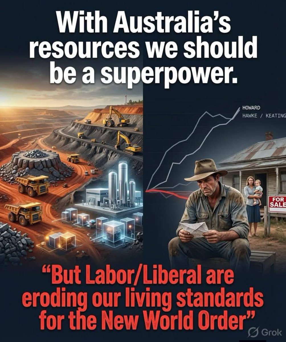JimThom90458694's tweet photo. The Uniparty (Labor/Liberal) is purposely sabotaging Australia — eroding living standards and squandering our vast resources — to usher in a New World Order for the elites.
We should be a proud, prosperous superpower. Instead they’re selling us out.
Time to wake up and put Australia First vote One Nation the only non grifting party.