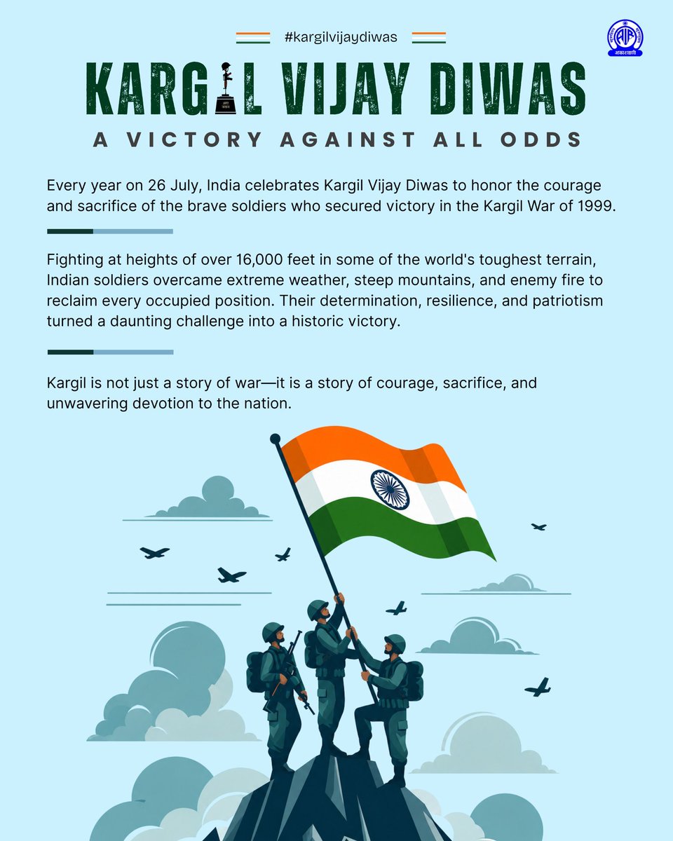 kunalkishoreran's tweet photo. Kargil Vijay Diwas.

Salute to Our Bravehearts.

🙏🪖🇮🇳🇮🇳🪖🙏 https://t.co/NxAVnlfekh