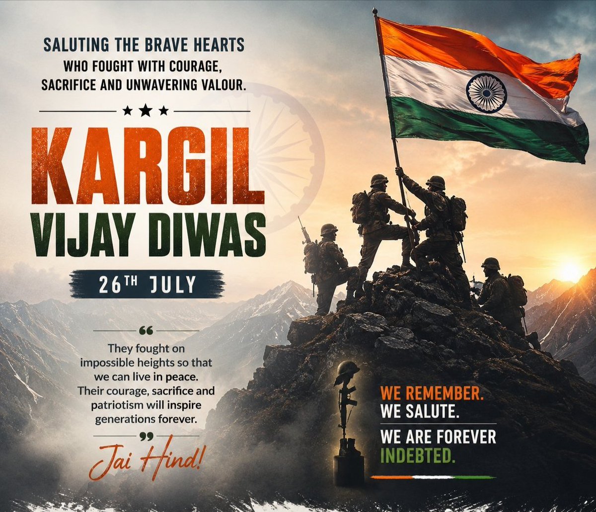 kunalkishoreran's tweet photo. Kargil Vijay Diwas.

Salute to Our Bravehearts.

🙏🪖🇮🇳🇮🇳🪖🙏 https://t.co/NxAVnlfekh