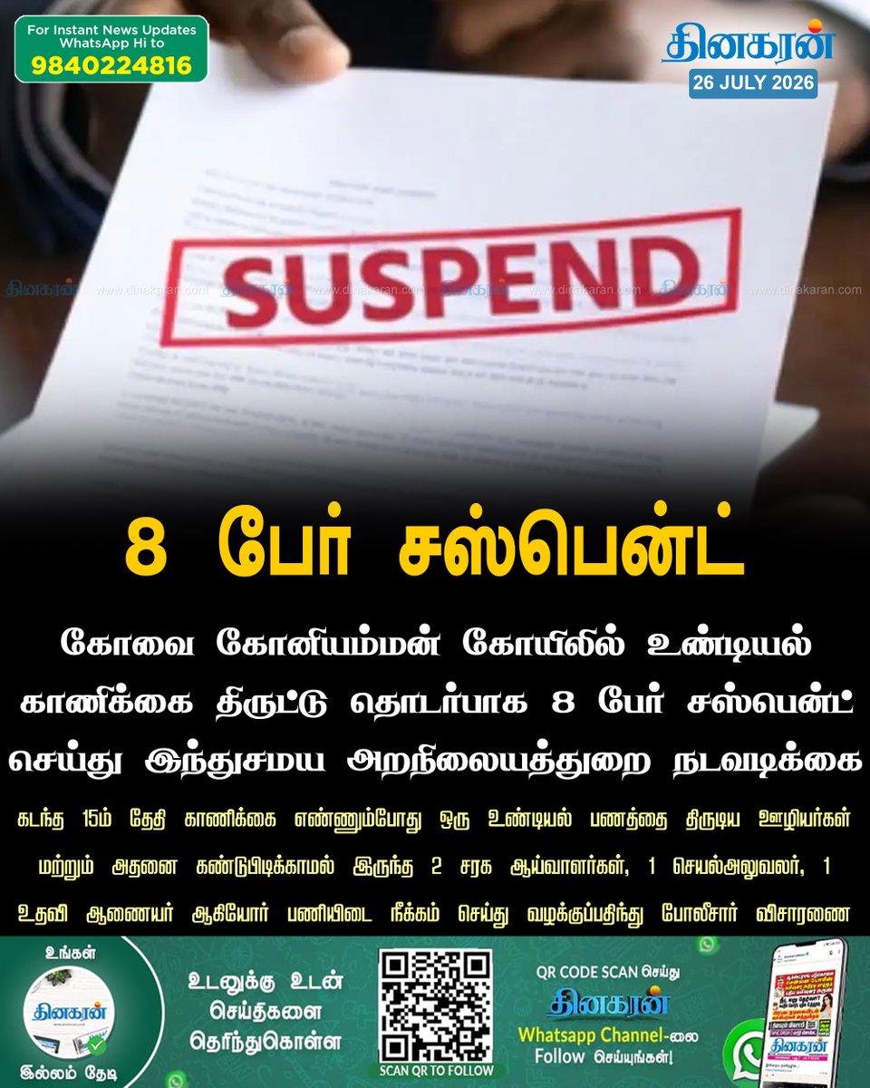 DinakaranNews's tweet photo. கோவை கோனியம்மன் கோயிலில் உண்டியல் காணிக்கை திருட்டு தொடர்பாக 8 பேர் சஸ்பென்ட் செய்து இந்துசமய அறநிலையத்துறை நடவடிக்கை
#Coimbatore #suspended #TNHRC #DinakaranNews https://t.co/rrr62uOwFh