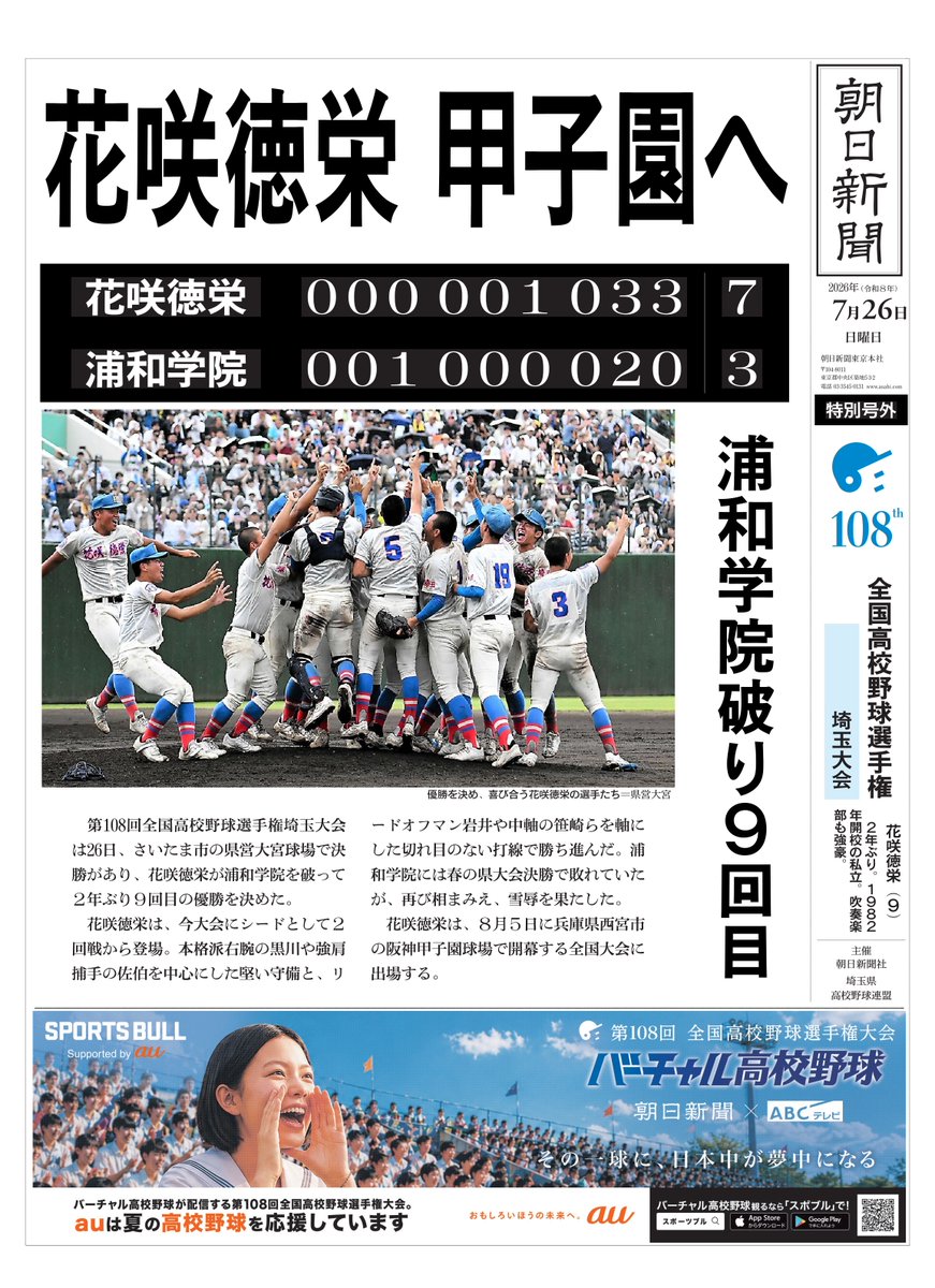 asahi_koshien's tweet photo. #埼玉大会 決勝は
#花咲徳栄  が #浦和学院 を7-3で破り、2年ぶり9回目の優勝を決めました。

詳細は #バーチャル高校野球 をチェック！
▷https://t.co/d5irKoTw0A

#高校野球 https://t.co/tmOqyoKrO2