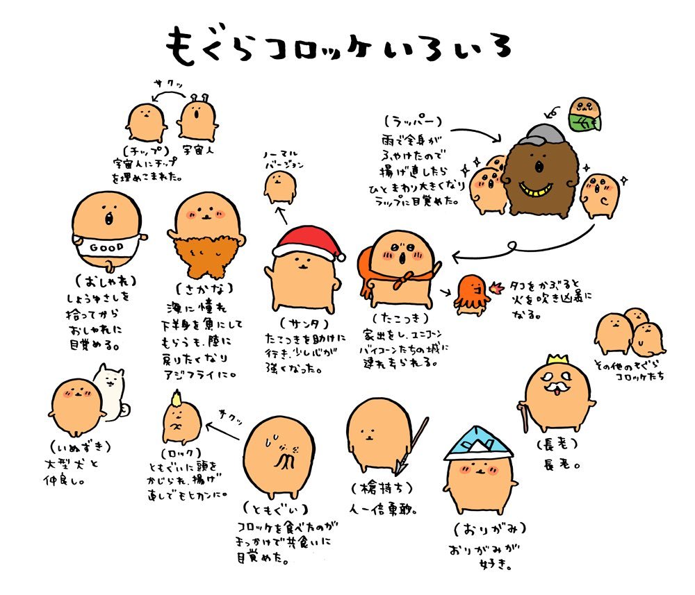 A_ringi0141's tweet photo. ちいかわ映画のストーリーが好きなら、同じナガノさんが作者の『もぐらコロッケ』シリーズもおすすめだよ！
なんかコロッケみたいでもぐらのように地中生活を送る彼らが、自分たちが如何に美味しいかをアピールする歌を歌う風習のせいで様々な怪異から食べ物として狙われつつも精いっぱい生きるお話。 https://t.co/xeQYY8HBIS