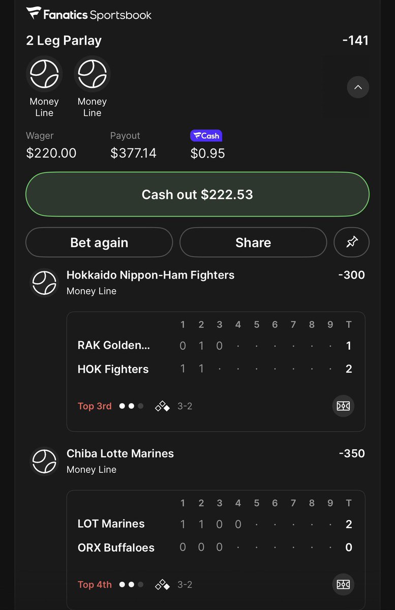 6GSZN's tweet photo. 🌎 NPB &amp; KBO 🏟️ 

Sorry for late post hope we all cash together 2 legs &amp; one lotto !! 🪄🙏🏽

Wake up Green ✅ 

#NPB #KBO #GAMBLINGX https://t.co/8vOYmpM1gq