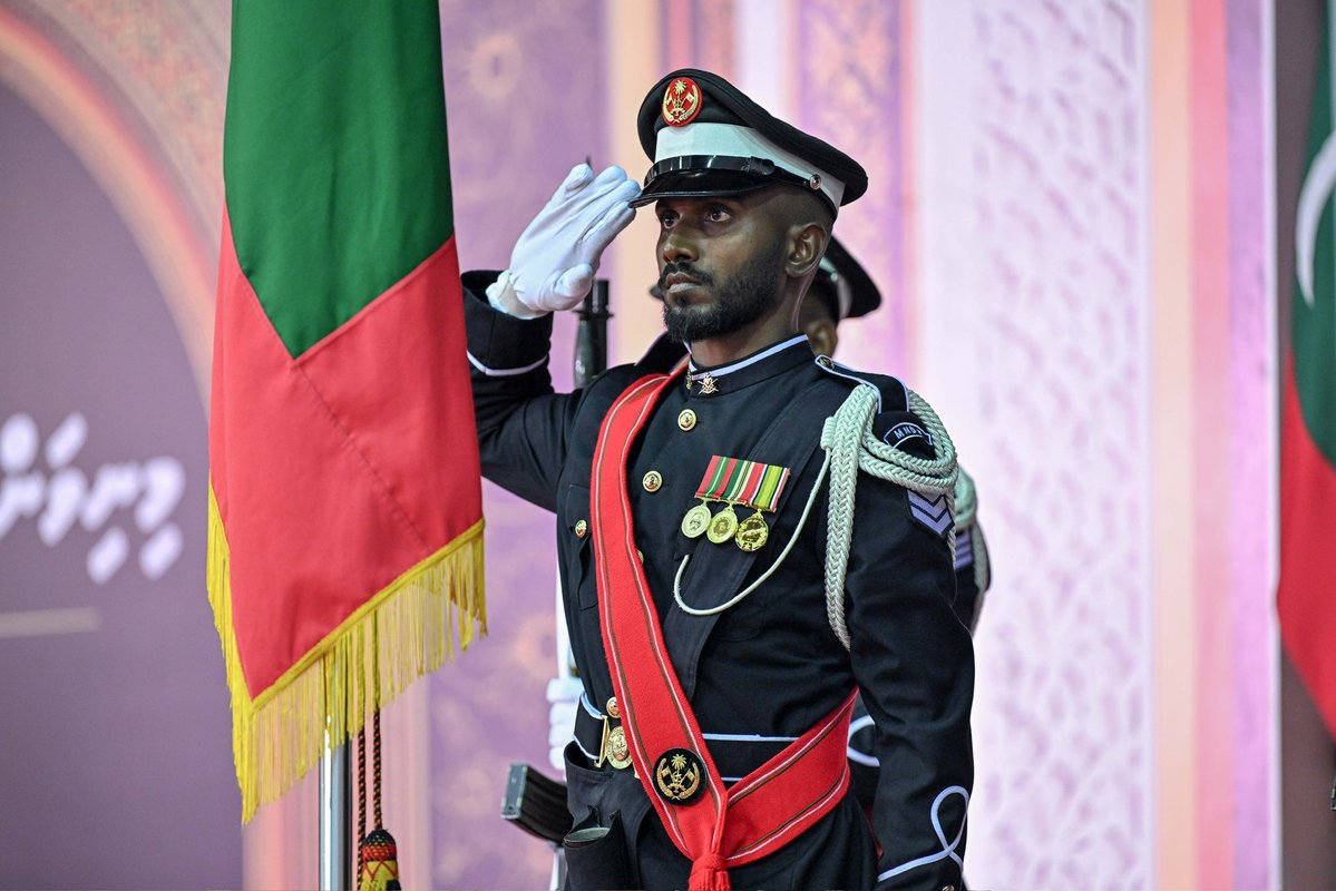 presidencymv's tweet photo. President Dr @MMuizzu and First Lady @sajidhaamohamed attend the official function held to commemorate the Maldives’ 61st Independence Day, celebrating the nation’s journey, resilience, and enduring sovereignty.

#Minivan61 https://t.co/SwKAmx6t3t