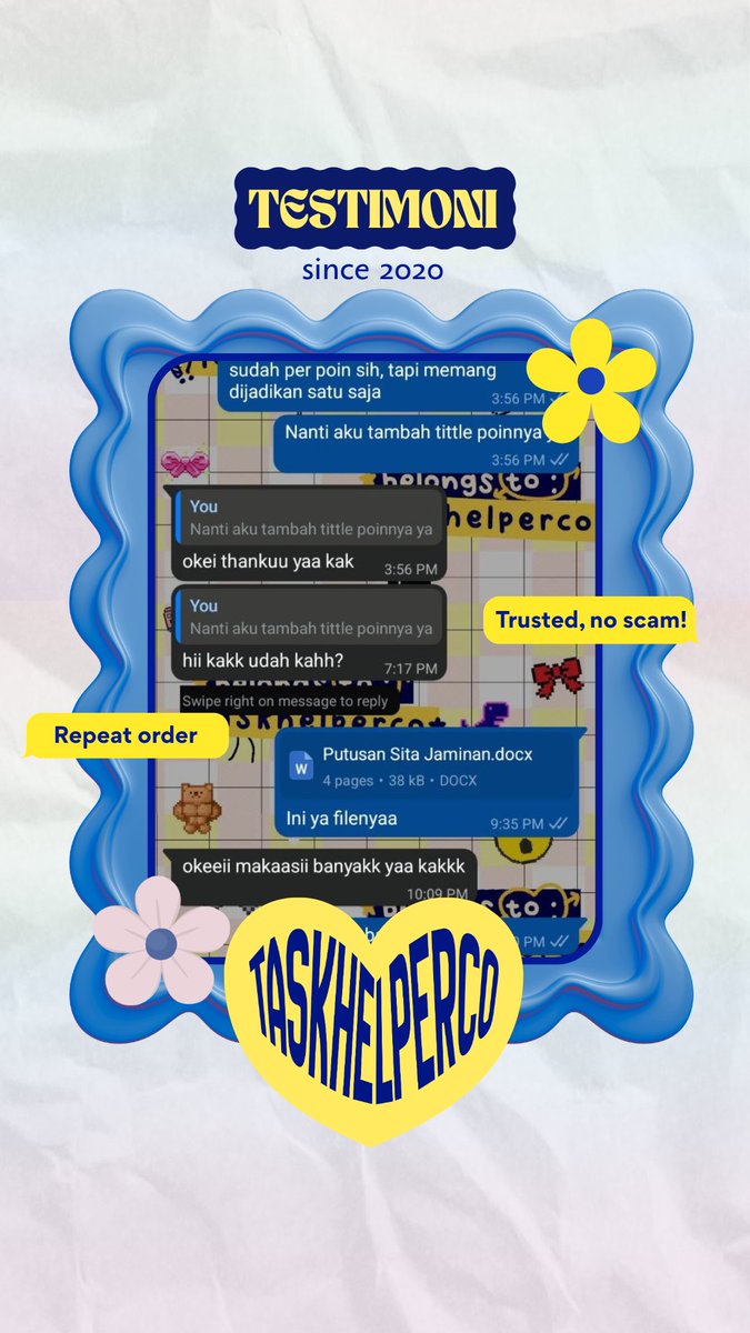 namujo0n's tweet photo. @Swe0kjin @kqamera @commercxial @chanranghoe Testimoni Layanan Jasa Joki Tugas Hukum dan Matkul Soshum Lain by Taskhelperco
🍒 Makalah perlindungan hukum terhadap pemegang saham minoritas (hukum bisnis)
🍒 Putusan sita jaminan (hukum acara perdata)

🌸 More testimonials: #taskhelpertesti
#zonauang https://t.co/yPSUVMAMXu