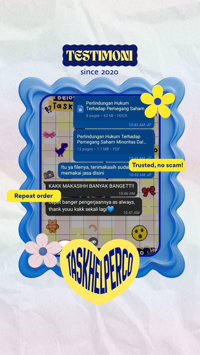 namujo0n's tweet photo. @Swe0kjin @kqamera @commercxial @chanranghoe Testimoni Layanan Jasa Joki Tugas Hukum dan Matkul Soshum Lain by Taskhelperco
🍒 Makalah perlindungan hukum terhadap pemegang saham minoritas (hukum bisnis)
🍒 Putusan sita jaminan (hukum acara perdata)

🌸 More testimonials: #taskhelpertesti
#zonauang https://t.co/yPSUVMAMXu