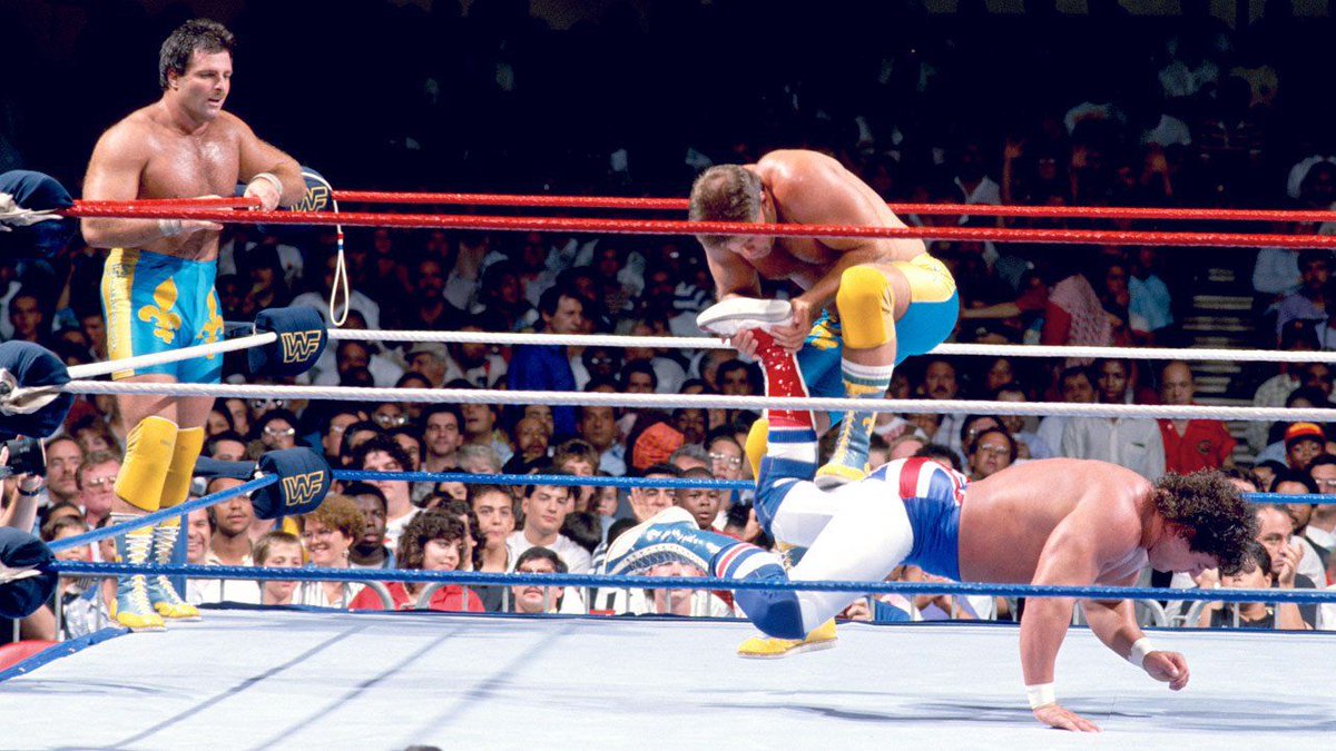 WWFWrestling1's tweet photo. SummerSlam Sunday! The British Bulldogs and The Fabulous Rougeaus kick things off at the 1988 PPV. ☀️ #WWF #WWE #SummerSlam #RougeauBrothers #BritishBulldogs https://t.co/hlDOJjhVAx