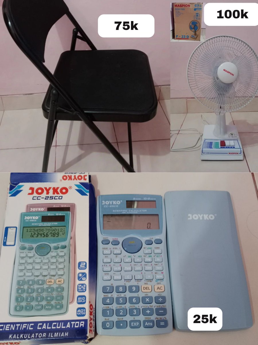 UGM_FESS's tweet photo. kulak yujiem, mau preloved cepat & murah

Masih kondisi baik dan berfungsi. Bisa ambil ke kost dekat warmindo samiasih Jakal KM 4.5 (mau keluar kos) 
Hanya bisa ambil sendiri/ gosend/ cod daerah jakal bawah
Buat details boleh dm @bubaredvelvet 
1. kipas angin merk maspion
2. ⁠kursi lipat
3. ⁠kalkulator scientific