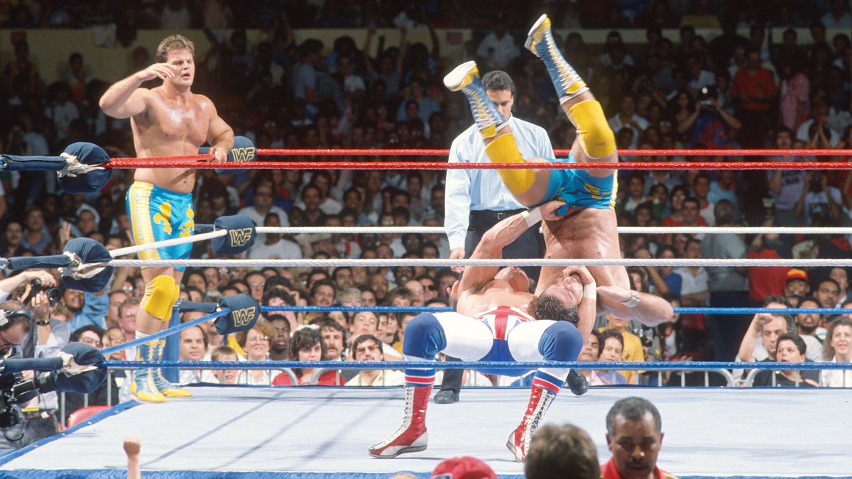 WWFWrestling1's tweet photo. SummerSlam Sunday! The British Bulldogs and The Fabulous Rougeaus kick things off at the 1988 PPV. ☀️ #WWF #WWE #SummerSlam #RougeauBrothers #BritishBulldogs https://t.co/hlDOJjhVAx