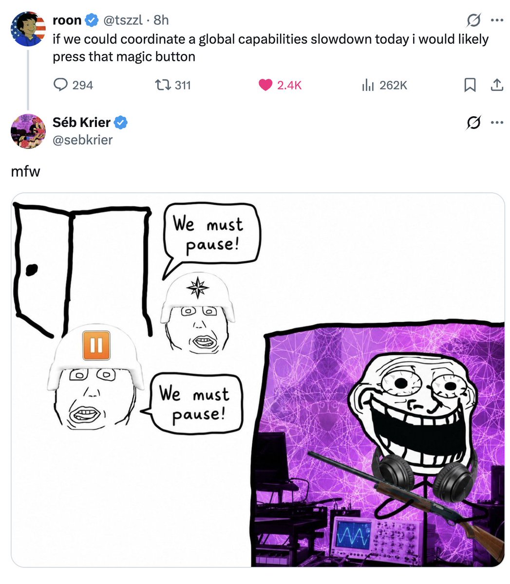 ONagel33303's tweet photo. A mask-off moment for @GoogleDeepMind 

Its AGI policy leader, Séb Krier, threatens to shoot AI safety advocates in this deranged comic. https://t.co/2zuEYHfjd5