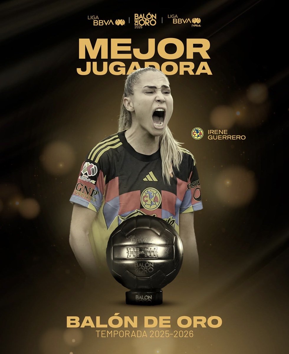 SrtaAguila's tweet photo. Ver a Irene Guerrero levantar el Balón de Oro de la @LigaBBVAFemenil de la temporada 2025-2026 con el Club América tiene un significado especial.

En un entorno donde no siempre fue valorada como merecía, eligió responder con fútbol, profesionalismo y constancia. Hoy ese trabajo encuentra el reconocimiento que tanto merece.

El talento permanece, el esfuerzo da frutos y el tiempo suele poner cada historia en su lugar. Enhorabuena, Irene. Qué orgullo verte hacer historia con estos colores. 🦅✨