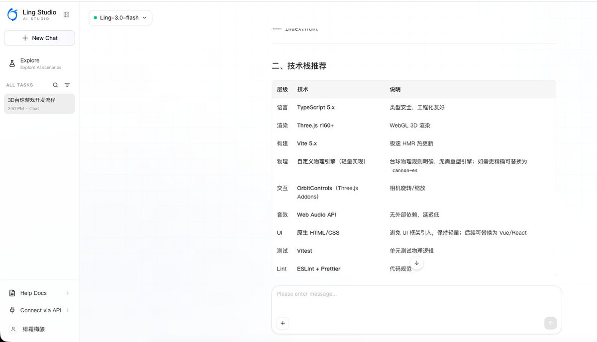 Xmas_666's tweet photo. 这两年看了很多 AI Demo，最常见的就是一句话生成网站、一句话生成游戏，看起来确实很震撼。

但如果真的写过代码，就会知道，现实里的开发几乎不是这样。
一个稍微复杂一点的项目，很少有人会指望一句 Prompt 就全部完成。
更多时候，是先把需求拆清楚，规划项目架构，确定技术栈，再一点一点把功能补上，写完测试、发现 Bug、继续修改，再慢慢迭代到能上线。

最近体验 Ling-3.0-flash 时，我反而觉得它更贴近真实的开发流程。
官方展示了一个 3D 物理台球的案例，整个过程并不是一句话生成完整游戏，而是先搭建场景，再加入碰撞逻辑、物理效果、交互和性能优化，每一轮都根据新的需求继续完善，而不是推倒重来。
像 3D 太空射击、等距种田游戏这些案例，也是类似的思路。

真正重要的不是第一版代码，而是后面持续不断地完善整个项目，写这篇的时候，我也照着试了一次。

我没有直接让它生成整个游戏，而是让它按照真实开发流程，先规划一个 3D 物理台球项目。
它没有急着开始写代码，而是先整理出整个项目架构，把渲染层、物理层、游戏逻辑、输入、UI 等模块拆分出来，再推荐使用 TypeScript、Three.js 和 Vite，并把整个开发过程拆成多个开发阶段。

让我印象比较深的是，它不仅规划了每个阶段要完成什么，还把第一阶段继续拆成一个个 Task，并列出每个 Task 的目标、验收标准，以及为什么要这样设计，而不是直接开始输出一大段代码。

我觉得这一点很符合真实的软件开发。
真正的项目，不只是把代码写出来，更重要的是先把方向、规范和开发顺序确定下来。这样后面每增加一个功能，都知道应该接在哪个模块，也不用因为需求变化就把整个项目推倒重来。

我觉得 Ling-3.0-flash 最大的特点，不是替你设计整个项目，而是在规划已经确定之后，把执行这件事情做好。对于 Agent 工作流来说，一个能够按照规划稳定执行的模型，很多时候比一次生成大量代码更重要。

Ling-3.0-flash 给我的感觉，更像一个一直坐在旁边的结对编程伙伴。
你负责规划需求、决定方向，它负责按照规划一步一步执行，而不是急着把整个项目一次完成。

官方也特别提到，不建议直接让模型一句话开发完整项目，而是先整理好需求和规范，再让模型按照规划逐步完成。
这种思路其实也能应用到官方提到的 Blender MCP 工作流。

先快速搭建 3D 场景、确认构图和镜头，再交给后续工具继续完善和渲染，把高成本的试错放到后面，而不是一开始就生成最终效果。
我觉得，这才是 AI 编程真正有价值的地方。

它不是为了证明一句 Prompt 能生成多大的项目，也不是要取代开发者，而是让开发者保持开发节奏。人负责思考和决策，AI 负责执行和落地，两者一起把项目慢慢完成。

我建议不要一开始就让它生成整个项目，而是像我这次一样，先让它规划架构、拆分开发阶段，再一步一步往下做，会更容易理解它为什么强调 AI 结对编程，也更适合作为 Agent 工作流里的执行模型。

链接： https://t.co/MMJXekRro1