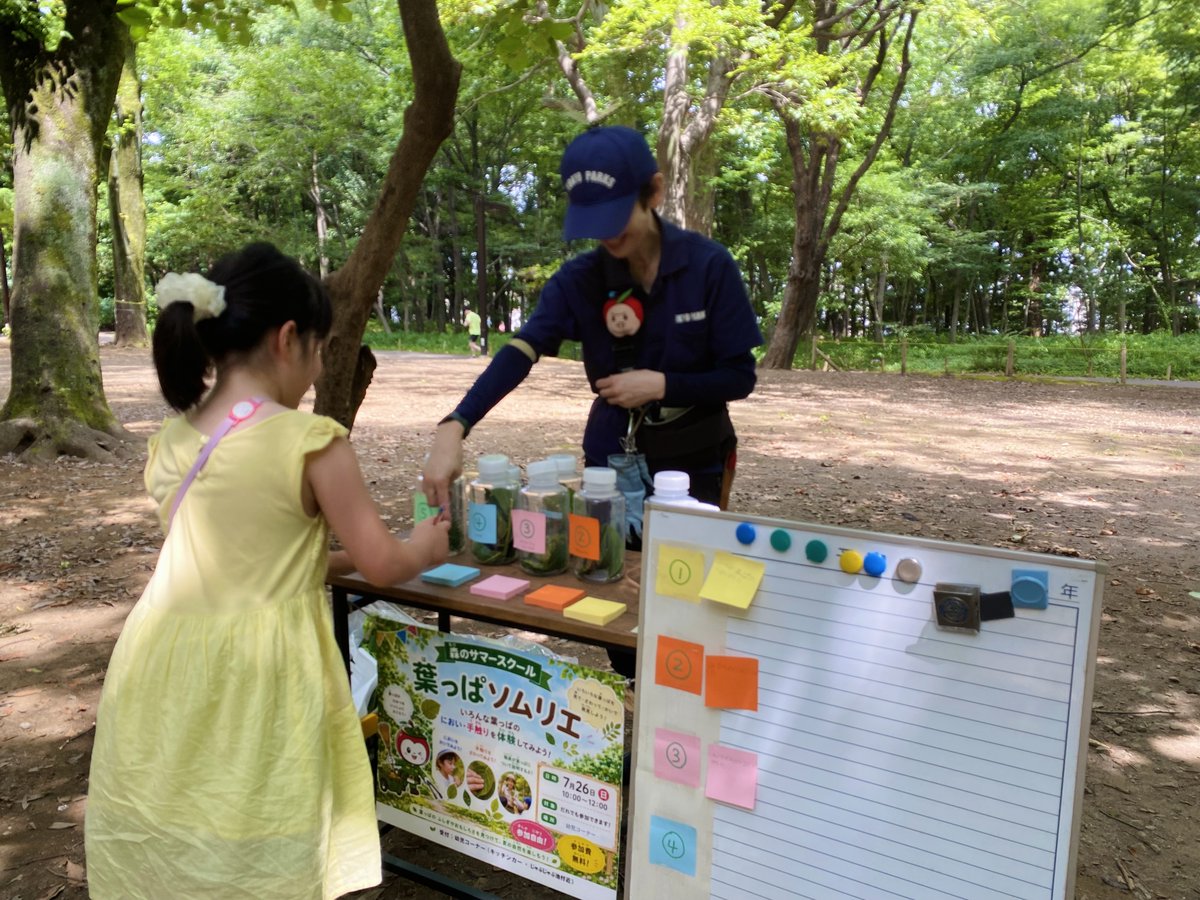 ParksRinsi's tweet photo. 7/26(日)じゃぶじゃぶ池の前で開催した
「⑧葉っぱソムリエになろう🌿」

園内にある5種類の木の葉っぱをかいで、
感じた香りを自分の言葉で表現👃

違いをよ～く覚えたら
最後は、ソムリエ認定試験🍷

嗅覚だけを頼りに、目隠ししたボトルに入った葉っぱを当ててもらいました

#森のサマースクール https://t.co/FzjoU7bn2R