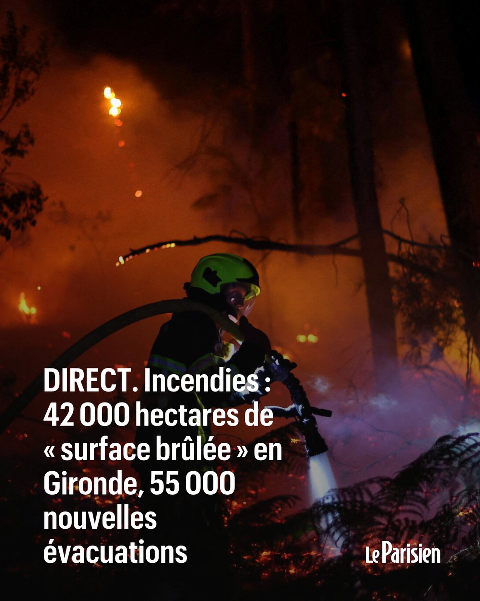 le_Parisien's tweet photo. DIRECT. Incendies : 42 000 hectares de « surface brûlée » en Gironde, 55 000 nouvelles évacuations
➡️ https://t.co/mkXsNBsyE9 https://t.co/D2l2UlhnTG