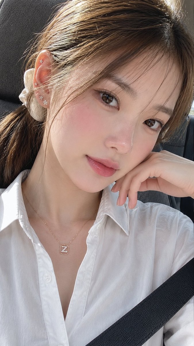 john_my07's tweet photo. GPT Image 2 on ChatGPT 

Prompt:
A stunning ultra-photorealistic extreme close-up selfie of a youthful Korean woman with naturally soft, balanced facial features and an elegant feminine appearance. Her complexion is exceptionally clear and luminous, featuring healthy, dewy glass skin with subtle natural pores and a delicate pearlescent glow that looks realistic rather than artificial. She has large warm dark-brown eyes with crisp natural catchlights, long curled black eyelashes, softly shaped natural brows, a fresh rosy blush across the cheeks, a gentle pink flush on the bridge and tip of the nose, and soft gradient rosy-pink lips finished with a light glossy sheen. Her makeup is refined, lightweight, and seamlessly blended in a modern Korean beauty style.
Her body proportions appear natural and graceful with smooth, fair skin. Her light milk-tea brown hair is tied back into a relaxed ponytail using an ivory-white hair tie, while wispy baby hairs and loose face-framing strands soften her features. Multiple delicate piercings decorate her right ear (left side of the image), including the lobe and upper helix, adorned with tiny crystal star and floral earrings. Around her neck rests a fine rose-gold necklace featuring a minimalist white "Z"-inspired pendant enclosed within a slim gold frame.
The photo is taken inside a modern car, with a grey fabric seat visible behind her and a black seatbelt crossing the lower-right portion of the frame, subtly reinforcing the vehicle interior. She is centred in the composition, filling almost the entire frame while holding her phone for a selfie. Her head is noticeably tilted toward the right side of the image, maintaining confident direct eye contact with a calm, captivating expression.
She wears a crisp white collared shirt with the top buttons casually undone, revealing her neckline and collarbones in a refined, effortless way. Bright natural sunlight pours through the windshield, creating clean, directional lighting that enhances the radiance of her skin, adds dimensional highlights to her hair, and produces realistic contrast across her face. The lighting has the authentic look of daylight reflected naturally from the phone and surroundings.
Captured with an eye-level smartphone camera using a subtle Dutch angle that complements the head tilt, the composition focuses almost entirely on her face, neck, and shoulders, with very little background visible. Hyper-realistic skin texture, cinematic colour science, realistic HDR, premium smartphone photography, ultra-sharp details, shallow depth of field, authentic iPhone-quality image, 8K resolution, 9:16 aspect ratio.
Negative Prompt: low quality, worst quality (1.4), blurry, bad anatomy, deformed face, asymmetrical features, crossed eyes, unrealistic skin, plastic skin, oversaturated makeup, extra limbs, extra fingers, fused fingers, missing fingers, watermark, logo, text, signature, illustration, painting, anime, cartoon, CGI, overprocessed, noise, compression artifacts.