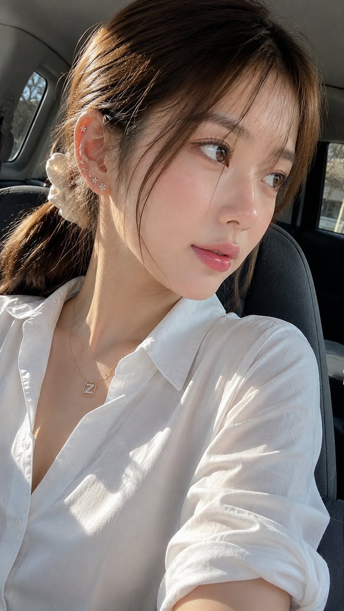 john_my07's tweet photo. GPT Image 2 on ChatGPT 

Prompt:
A stunning ultra-photorealistic extreme close-up selfie of a youthful Korean woman with naturally soft, balanced facial features and an elegant feminine appearance. Her complexion is exceptionally clear and luminous, featuring healthy, dewy glass skin with subtle natural pores and a delicate pearlescent glow that looks realistic rather than artificial. She has large warm dark-brown eyes with crisp natural catchlights, long curled black eyelashes, softly shaped natural brows, a fresh rosy blush across the cheeks, a gentle pink flush on the bridge and tip of the nose, and soft gradient rosy-pink lips finished with a light glossy sheen. Her makeup is refined, lightweight, and seamlessly blended in a modern Korean beauty style.
Her body proportions appear natural and graceful with smooth, fair skin. Her light milk-tea brown hair is tied back into a relaxed ponytail using an ivory-white hair tie, while wispy baby hairs and loose face-framing strands soften her features. Multiple delicate piercings decorate her right ear (left side of the image), including the lobe and upper helix, adorned with tiny crystal star and floral earrings. Around her neck rests a fine rose-gold necklace featuring a minimalist white "Z"-inspired pendant enclosed within a slim gold frame.
The photo is taken inside a modern car, with a grey fabric seat visible behind her and a black seatbelt crossing the lower-right portion of the frame, subtly reinforcing the vehicle interior. She is centred in the composition, filling almost the entire frame while holding her phone for a selfie. Her head is noticeably tilted toward the right side of the image, maintaining confident direct eye contact with a calm, captivating expression.
She wears a crisp white collared shirt with the top buttons casually undone, revealing her neckline and collarbones in a refined, effortless way. Bright natural sunlight pours through the windshield, creating clean, directional lighting that enhances the radiance of her skin, adds dimensional highlights to her hair, and produces realistic contrast across her face. The lighting has the authentic look of daylight reflected naturally from the phone and surroundings.
Captured with an eye-level smartphone camera using a subtle Dutch angle that complements the head tilt, the composition focuses almost entirely on her face, neck, and shoulders, with very little background visible. Hyper-realistic skin texture, cinematic colour science, realistic HDR, premium smartphone photography, ultra-sharp details, shallow depth of field, authentic iPhone-quality image, 8K resolution, 9:16 aspect ratio.
Negative Prompt: low quality, worst quality (1.4), blurry, bad anatomy, deformed face, asymmetrical features, crossed eyes, unrealistic skin, plastic skin, oversaturated makeup, extra limbs, extra fingers, fused fingers, missing fingers, watermark, logo, text, signature, illustration, painting, anime, cartoon, CGI, overprocessed, noise, compression artifacts.