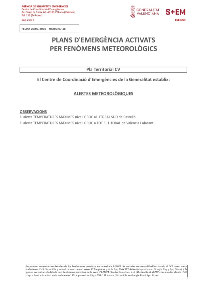GVA112's tweet photo. (07:16 h) El Centro de Coordinación de Emergencias de la @generalitat actualiza su boletín de fenómenos meteorológicos y finaliza todas las alertas vigentes.

Sin alertas activas en toda la Comunitat Valenciana. https://t.co/wb8xPDHbcA