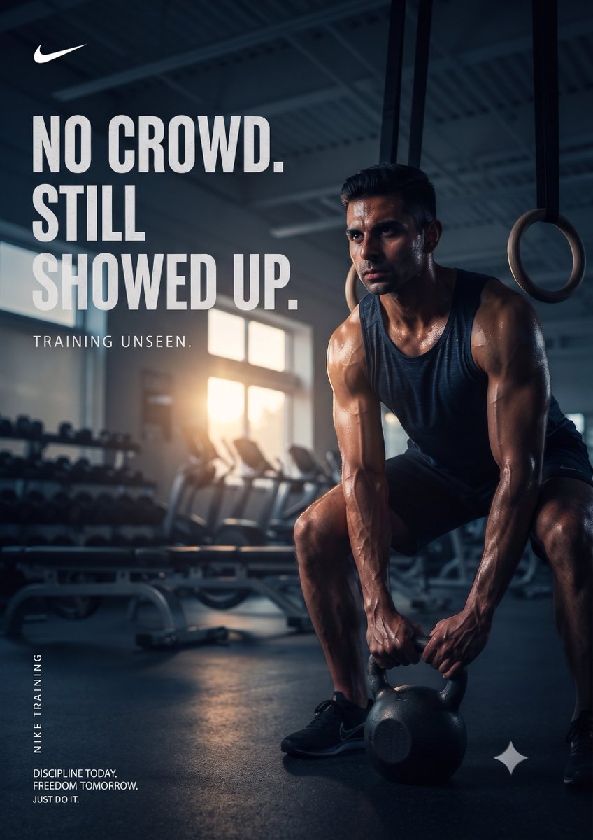 JahnDwi's tweet photo. What if Nike created a campaign for introverts?

MOVE QUIETLY

A Nike-inspired concept about silent discipline, unseen effort, and the pursuit of greatness without an audience.

AI Advertising Concept

#NikeConcept #AIAdvertising #AIArt @CSEPlanB https://t.co/YqQ5REaS7O