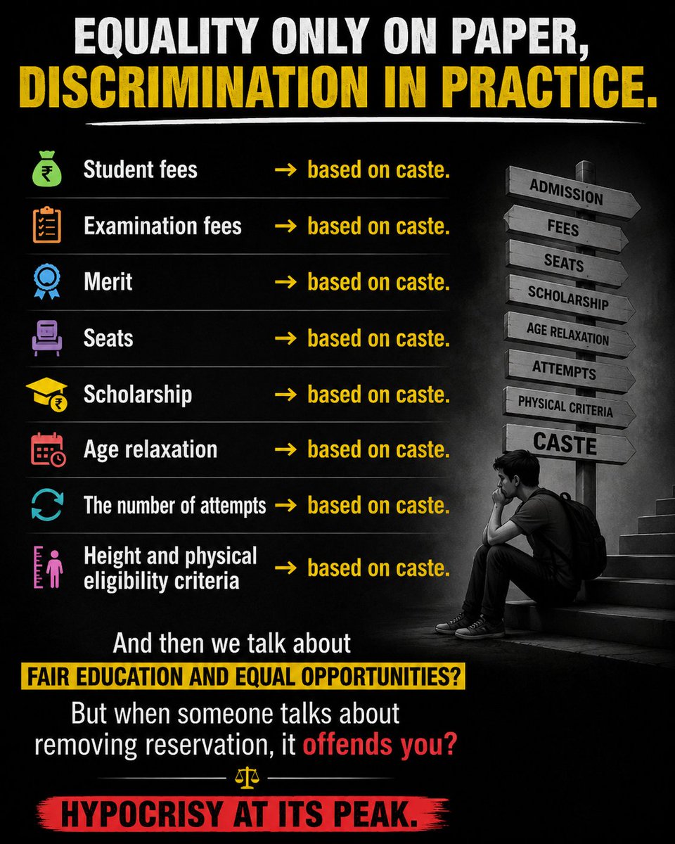 mr_tripathiii's tweet photo. > Student fees are based on caste.
> Examination fees are based on caste.
> Merit is based on caste.
> Seats are based on caste.
> Scholarship is based on caste.
> Age relaxation is based on caste.
> The number of attempts is based on caste.
> Height and physical eligibility criteria is based on caste.

People are talking about fair education but when someone talks about removing reservation, it offends them.

Hypocrisy at its peak.
#EndReservation