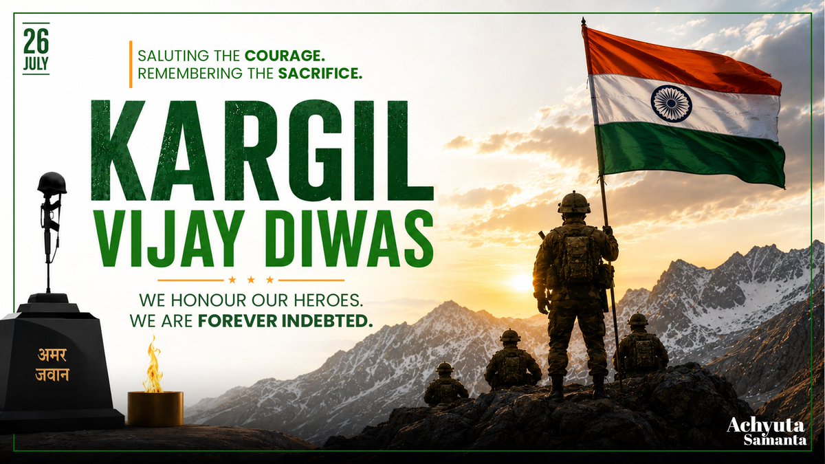 achyuta_samanta's tweet photo. On the 27th Kargil Vijay Diwas, I pay my humble tribute to the brave soldiers who fought with great courage to protect our motherland. We shall always remain indebted to those who made the supreme sacrifice for the nation. My salute to our Armed Forces. https://t.co/Z9hsZUlFGI