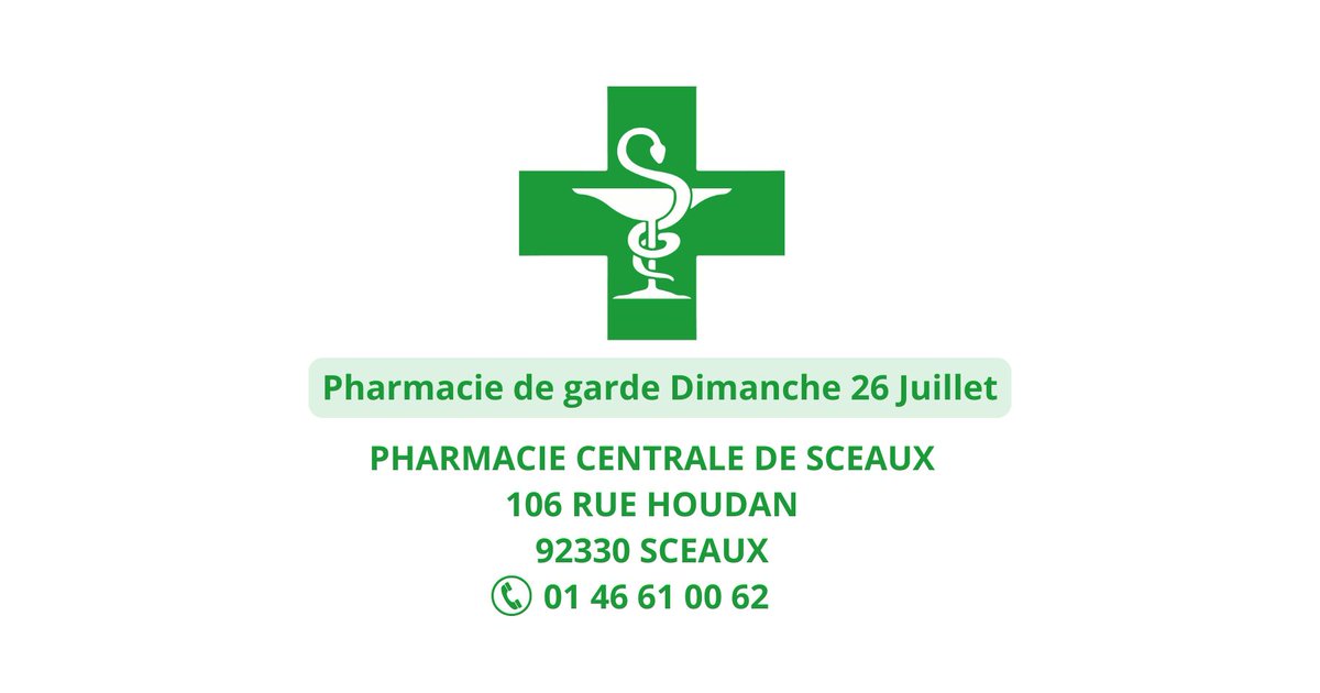 fontenay92's tweet photo. #PharmacieDeGarde 💊

Ce dimanche, la pharmacie de garde est : 
📍PHARMACIE CENTRALE DE SCEAUX -  106 RUE HOUDAN 92330 SCEAUX
 01 46 61 00 62
📞 01 46 61 00 62

En cas de besoin, merci de contacter directement l’officine. https://t.co/obRkqeIXe4