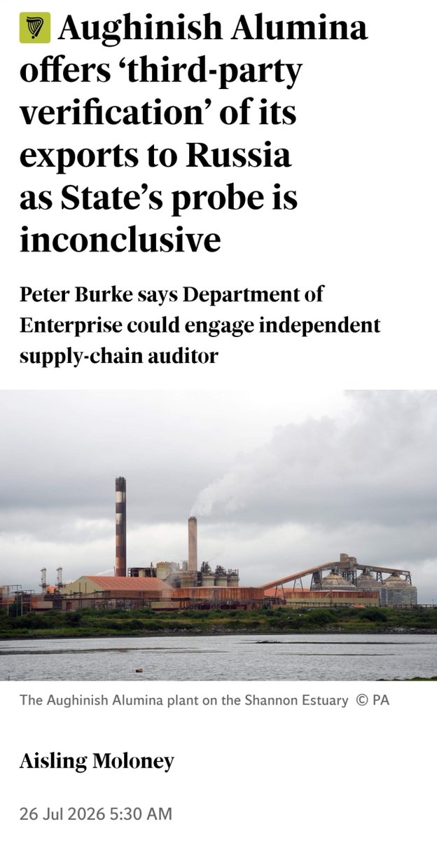 caulmick's tweet photo. Aughinish Alumina has offered to engage a global supply chain auditor to provide “verifiable evidence” that its raw material “has no connection whatsoever to the Russian military supply chain”. - 
✍️ Aisling Moloney 

The investigation by the Department of Enterprise came after reporting by The Irish Times and Organised Crime and Corruption Reporting Project of the potential flow of alumina from Limerick into military supply chains assisting the Russian war in Ukraine.

Aughinish Alumina employs 475 people in Limerick, along with 400 contractors, with hundreds of more indirect jobs supported by the plant.

https://t.co/uScIj6RAfe