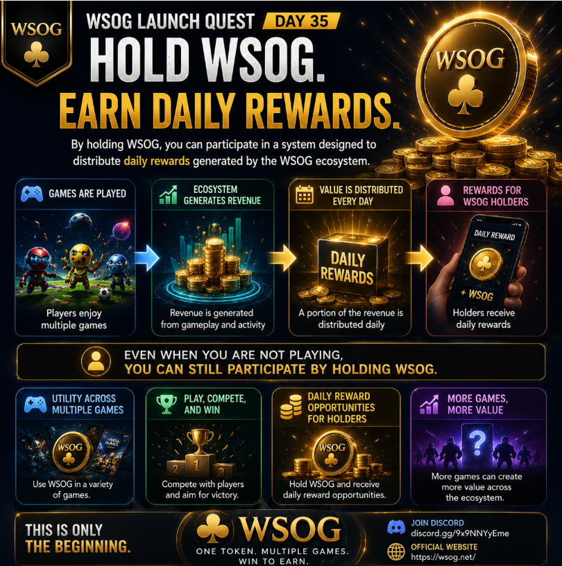 wsog_net's tweet photo. 🚀 WSOG Launch Quest Day 35

💰 HOLD WSOG. EARN DAILY REWARDS.

WSOG is not only a token for use inside games.

By holding WSOG, users can participate in a system designed to distribute daily rewards generated by the WSOG ecosystem.

Games are played.
The ecosystem generates revenue.
A share of that value is distributed to WSOG holders every day.
Even when you are not playing, you can still participate by holding WSOG.
🎮 Utility across multiple games
🏆 Play, compete, and win
💰 Daily reward opportunities for holders
🌐 More games can create more value across the ecosystem

Hold WSOG.
Grow with the ecosystem.
Earn rewards every day.

This is only the beginning.
💬 Join Discord
https://t.co/KYrMgQKnsX
🌐 Official Website
https://t.co/XGHUJH2glN