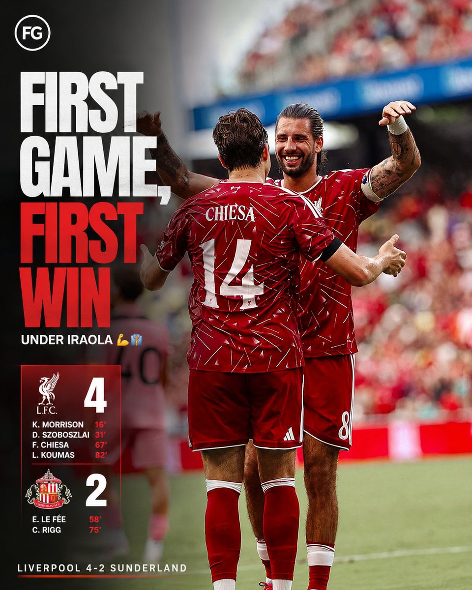 FootballGeekHQ's tweet photo. 𝐅𝐈𝐑𝐒𝐓 𝐆𝐀𝐌𝐄, 𝐅𝐈𝐑𝐒𝐓 𝐖𝐈𝐍 𝐔𝐍𝐃𝐄𝐑 𝐈𝐑𝐀𝐎𝐋𝐀 💪👔
Liverpool kicked off the Andoni Iraola era with a 4-2 pre-season victory over Sunderland in Nashvill https://t.co/tJ91PsSdnS