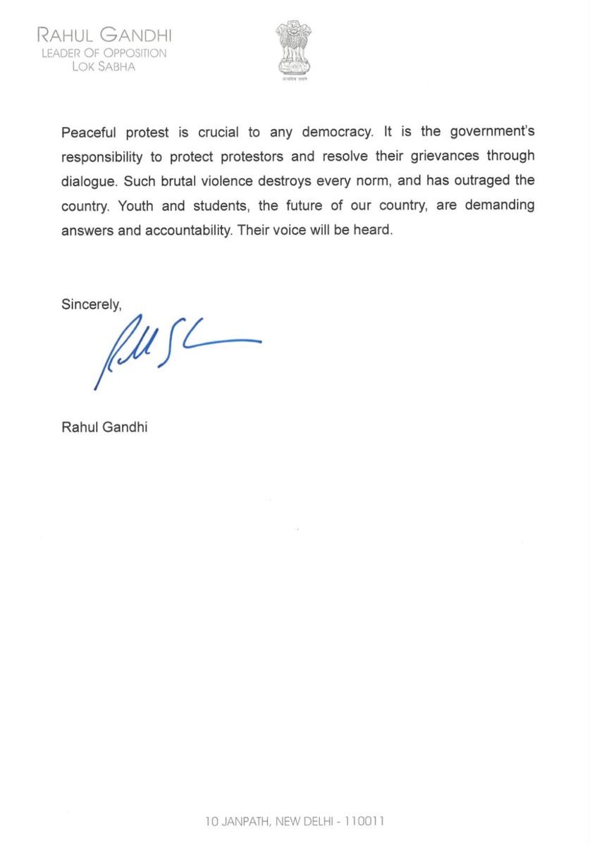INCIndia's tweet photo. • As Home Minister, did you approve the use of lethal force, including pellet guns, against students? If not, who did?

• Are the people in plain clothes seen beating students with lathis police personnel or volunteers? Who authorized their deployment?

: LoP Shri @RahulGandhi wrote a letter to Home Minister Amit Shah, demanding accountability for the barbaric assault on students who were peacefully protesting in Delhi on July 20, 2026.