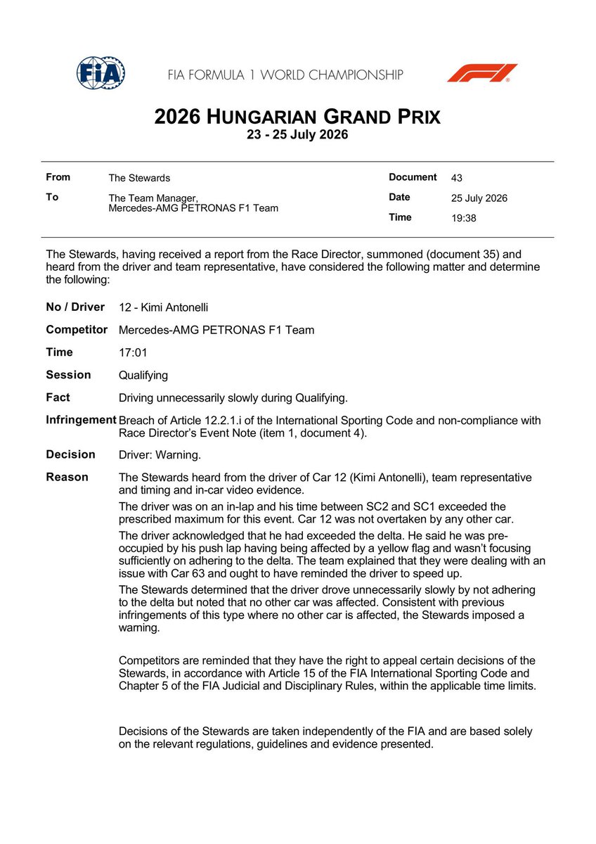 Holy_Molygr1's tweet photo. When defending Ant, Mercedes said they were dealing with an issue on Car 63, so they failed to remind him in time. First of all, I have questions about that excuse. Was Bono called over to fix the car too?

Then there was Monaco. The first time, they forgot to serve GR’s penalty during the pit stop. When GR asked again whether they should voluntarily take the penalty to reduce the punishment, they lied to him and said it had already been served. That cost GR points, and they didn’t even appeal immediately after the race.

Whenever something goes wrong for Ant, Mercedes immediately takes the blame and actively fights for him. But when it happens to GR, they do the exact opposite.

And yet Mercedes still claims they support both drivers 100%. We’re not stupid.