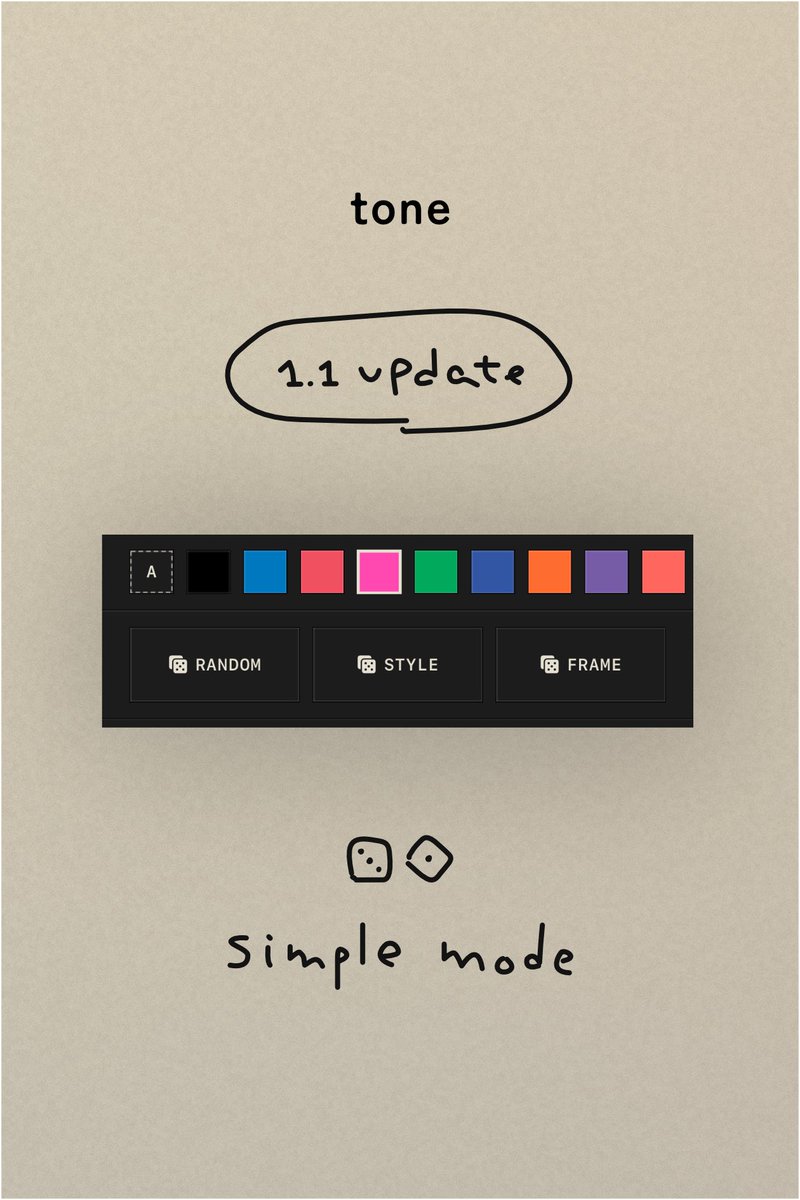 pnly_tar's tweet photo. tone 1.1 をリリースしました!!!

シンプルモード
サイコロを振るように、細かい設定をランダムに変えられます。いい感じになったら止めるだけ。たのしい🎲

新しい紙も2つ追加しました。無料で使えます👍 https://t.co/WCCcYtLwcE