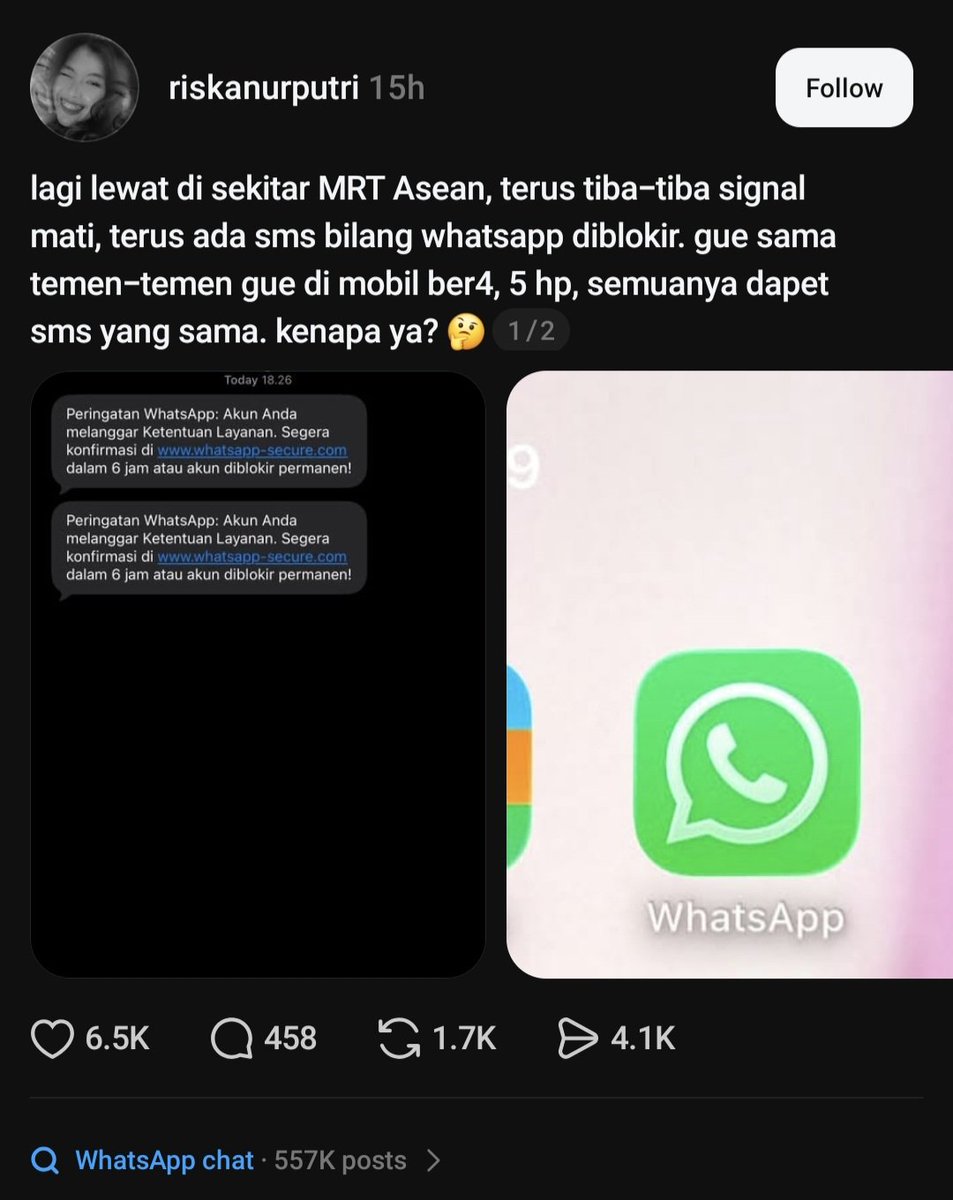SeekHustle's tweet photo. Hati hati modus penipuan capt. Ini serem banget sih soalnya kayak beneran.

Jadi si sender curhat di apps sebelah capt, nyeritain kalau tiba2 dapet sms yg bilang kalau WA nya diblokir. Anehnya, sms tersebut diterima juga oleh temen2nya satu rombongan dalam mobil.

Ternyata itu adalah scam yg lagi rame sekarang capt. Istilahnya adalah fake BTS. Jadi semua orang yg lewat area tsb langsung dapat sms. Biasanya berisi link yg menjelaskan kalau mbanking, wa atau sosmed lain ke blokir. Intinya lo dibikin panik biar klik link tsb.

Jadi, kalau kalian sinyal tiba2 hilang terus dapet sms berisi link, jangan pernah klik link tersebut capt!
