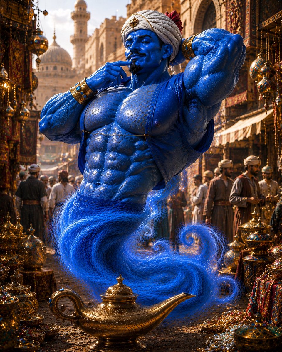 dsenglas's tweet photo. The lamp doesn’t grant power. It reveals it. 💙✨

From hidden treasures to endless horizons, true strength comes from within.
Every challenge shapes the spirit. Every victory earns its shine.

No limits. No fear. No excuses.
Only discipline, resilience, and the will to become something greater.

💎 Rise with confidence.
🧞 Master your destiny.
👑 Rule your own legend.

“The greatest treasure isn’t gold—it’s the strength you forge within yourself.”

#Genie #FantasyArt #ArabianNights #Photorealism #EpicCharacter #MuscleArt #BlueSpirit #Treasure #DigitalArt #AIArt #Strength #Power #Legend #FantasyWorld #ArtOfTheDay