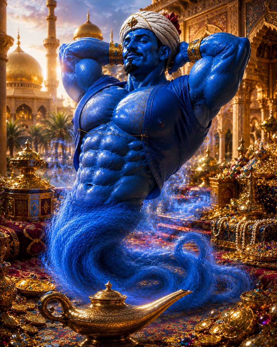 dsenglas's tweet photo. The lamp doesn’t grant power. It reveals it. 💙✨

From hidden treasures to endless horizons, true strength comes from within.
Every challenge shapes the spirit. Every victory earns its shine.

No limits. No fear. No excuses.
Only discipline, resilience, and the will to become something greater.

💎 Rise with confidence.
🧞 Master your destiny.
👑 Rule your own legend.

“The greatest treasure isn’t gold—it’s the strength you forge within yourself.”

#Genie #FantasyArt #ArabianNights #Photorealism #EpicCharacter #MuscleArt #BlueSpirit #Treasure #DigitalArt #AIArt #Strength #Power #Legend #FantasyWorld #ArtOfTheDay