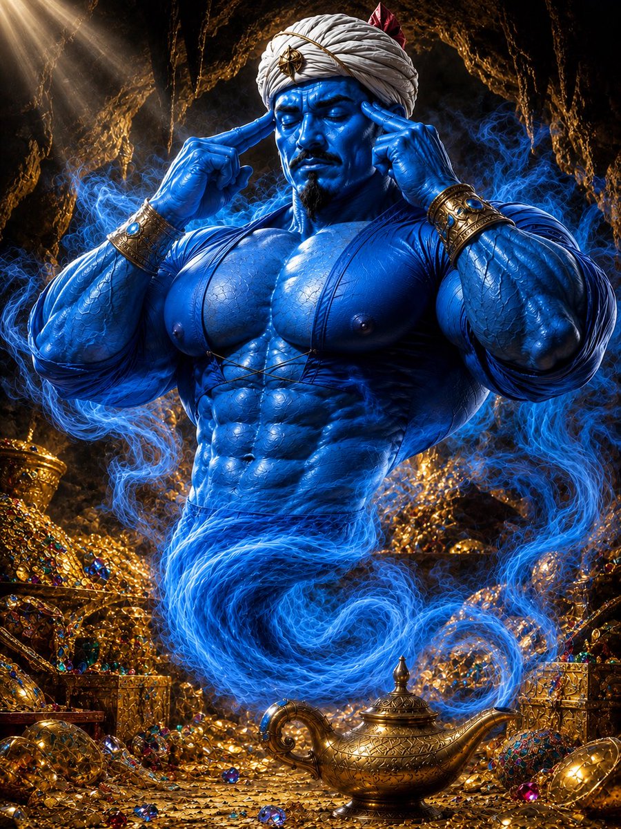 dsenglas's tweet photo. The lamp doesn’t grant power. It reveals it. 💙✨

From hidden treasures to endless horizons, true strength comes from within.
Every challenge shapes the spirit. Every victory earns its shine.

No limits. No fear. No excuses.
Only discipline, resilience, and the will to become something greater.

💎 Rise with confidence.
🧞 Master your destiny.
👑 Rule your own legend.

“The greatest treasure isn’t gold—it’s the strength you forge within yourself.”

#Genie #FantasyArt #ArabianNights #Photorealism #EpicCharacter #MuscleArt #BlueSpirit #Treasure #DigitalArt #AIArt #Strength #Power #Legend #FantasyWorld #ArtOfTheDay
