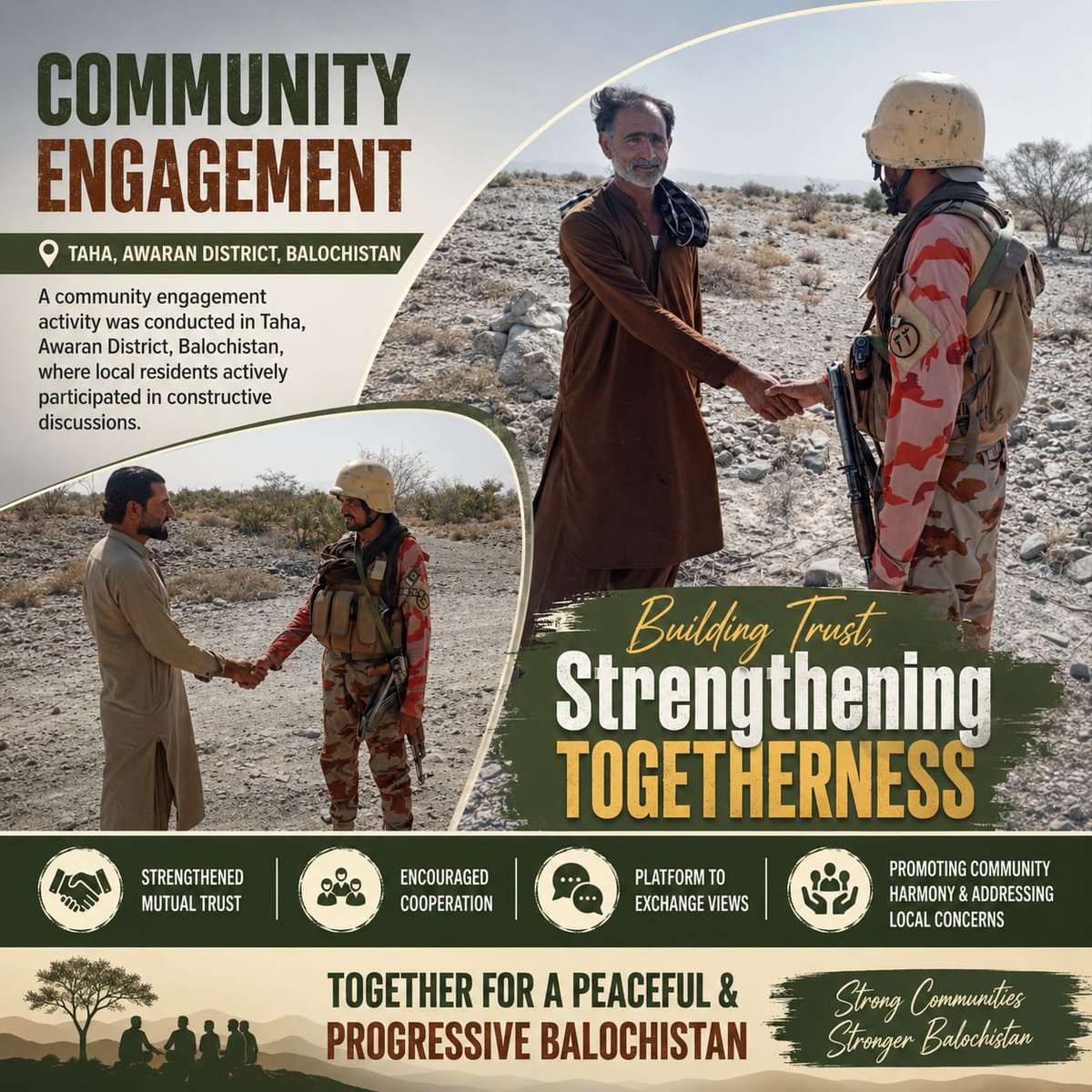 ffsmuqadas's tweet photo. Community Engagement in Taha: A community engagement activity was held in Taha, Awaran District, bringing local residents together for constructive dialogue, strengthening mutual trust, promoting cooperation, and addressing community concerns.
#PakistanArmy #Taha #Community https://t.co/ku7qSbLGaA