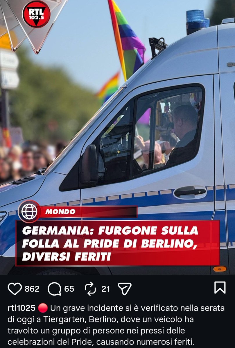SimoPillon's tweet photo. "grave incidente"...
"furgone sulla folla"...
Non è stato un incidente, e il furgone non si guidava da solo.

In Germania perpetrato l'ennesimo attentato islamista con la consumata tecnica del veicolo guidato dal musulmano che se viene fermato, scende e accoltella tutti quelli che può, e poi si dichiara malato di mente.

✅️Il nome di oggi è Abdul: 1 morto e decine di feriti

✅️A Modena pochi mesi fa si chiamava Salim el Koudri: 1 donna morta e decine di feriti

✅️Mohamed Lahouaiej-Bouhlel a Nizza, Francia (14 luglio 2016): 86 morti

✅️​Anis Amri a Berlino, (19 dicembre 2016):  12 vittime.

✅️​Khalid Masood a Londra,  (22 marzo 2017):  5 vittime.

✅️​Rakhmat Akilov – Stoccolma,  (7 aprile 2017):  5 morti.

✅️​Khuram Butt, Rachid Redouane e Youssef Zaghba – Londra,  (3 giugno 2017):  8 vittime.

✅️​Younes Abouyaaqoub – Barcellona, (17 agosto 2017):  13 morti.

Etc. Etc.

Non serve essere Sherlok Holmes per capire che è una tecnica di assalto terroristico studiata per ottenere il massimo danno e insegnata agli adepti. 
Tecnica non suicida, quindi praticabile anche dai meno invasati, che poi raccontano di avere problemi mentali per farla franca.
Tecnica pianificata per terrorizzare le città europee portando l'attacco nella quotidianità della vita.

Lo stesso vale per gli INCENDI DELLE CHIESE, altra tecnica pianificata e portata avanti con numeri impressionanti: quasi un centinaio di chiese ogni anno vanno a fuoco in Europa (94 nel 2024), di cui una trentina nella sola Francia.
Anche qui, ogni volta che il piromane musulmano viene preso, dichiara problemi mentali.

La verità è che siamo sotto attacco. Un pesantissimo, organizzato, pianificato e finalizzato attacco.

Sarei curioso di sapere se la sinistra, ora che nel mirino son finiti i suoi adorati LGBT, saprà comprendere di essere l'utile idiota che apre le porte ai nemici dell'Occidente, o se continuerà nella sua inquetante saldatura con l'Islam.
Io, da omofobo qual mi dipingono, esprimo tutto il mio dolore e la mia solidarietà per le vittime innocenti di questo attacco: gay o non gay, nessuno merita di finire sotto il furgone di Abdoul.
Vedremo se Schlein, Boldrini Fratoianni e compagnia cantante sul furgone del pride sapranno stigmatizzare la vera omofobia, quella di matrice islamica, che uccide chi non si adegua.