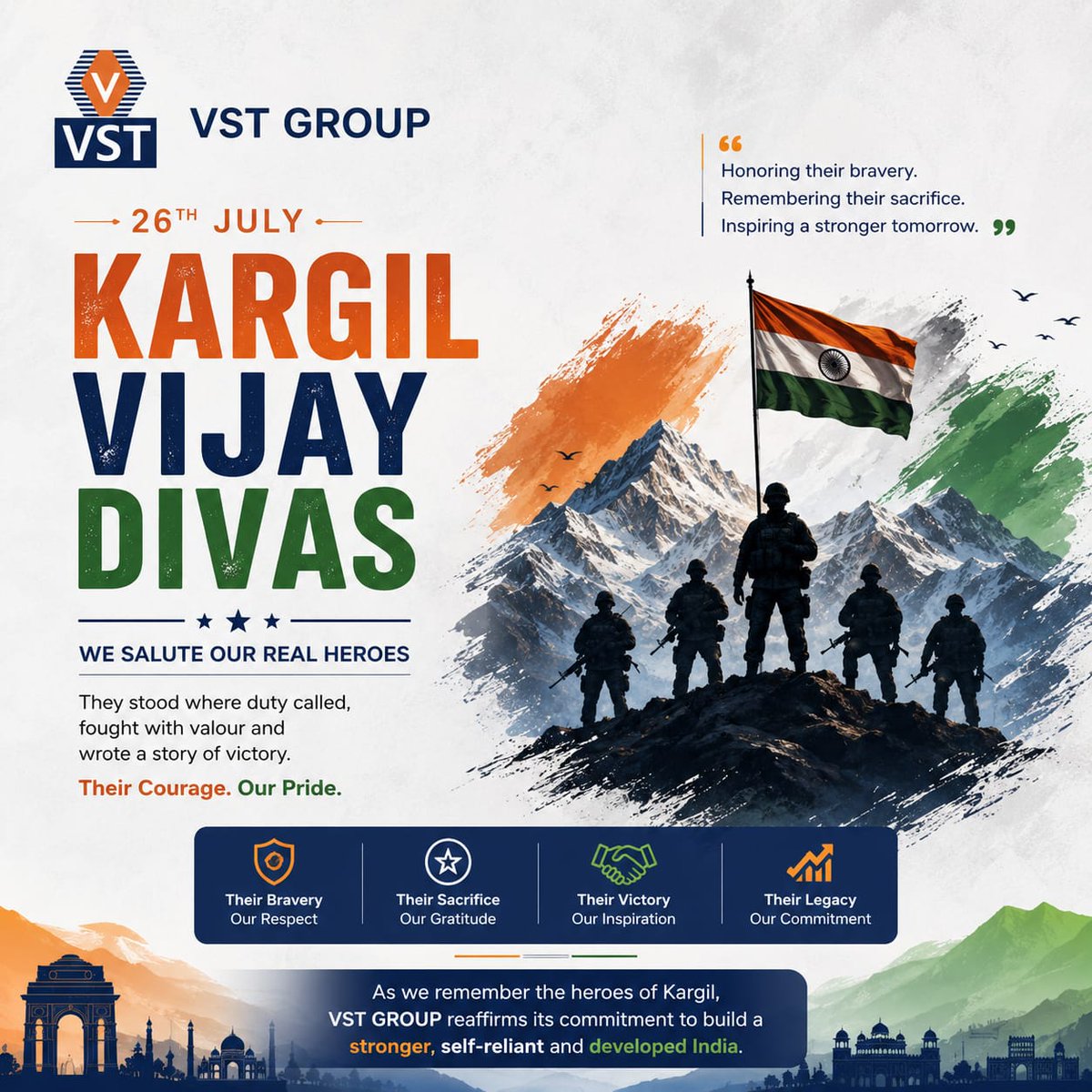 Vstinfraprofile's tweet photo. 🇮🇳 On #KargilVijayDiwas, VST Group salutes the unmatched courage and sacrifice of our brave soldiers. Their valor will forever inspire the nation.

Jai Hind! 🇮🇳

#IndianArmy #NationFirst #VSTGroup #RememberTheBrave #PrideOfIndia https://t.co/00fl7vm0wi