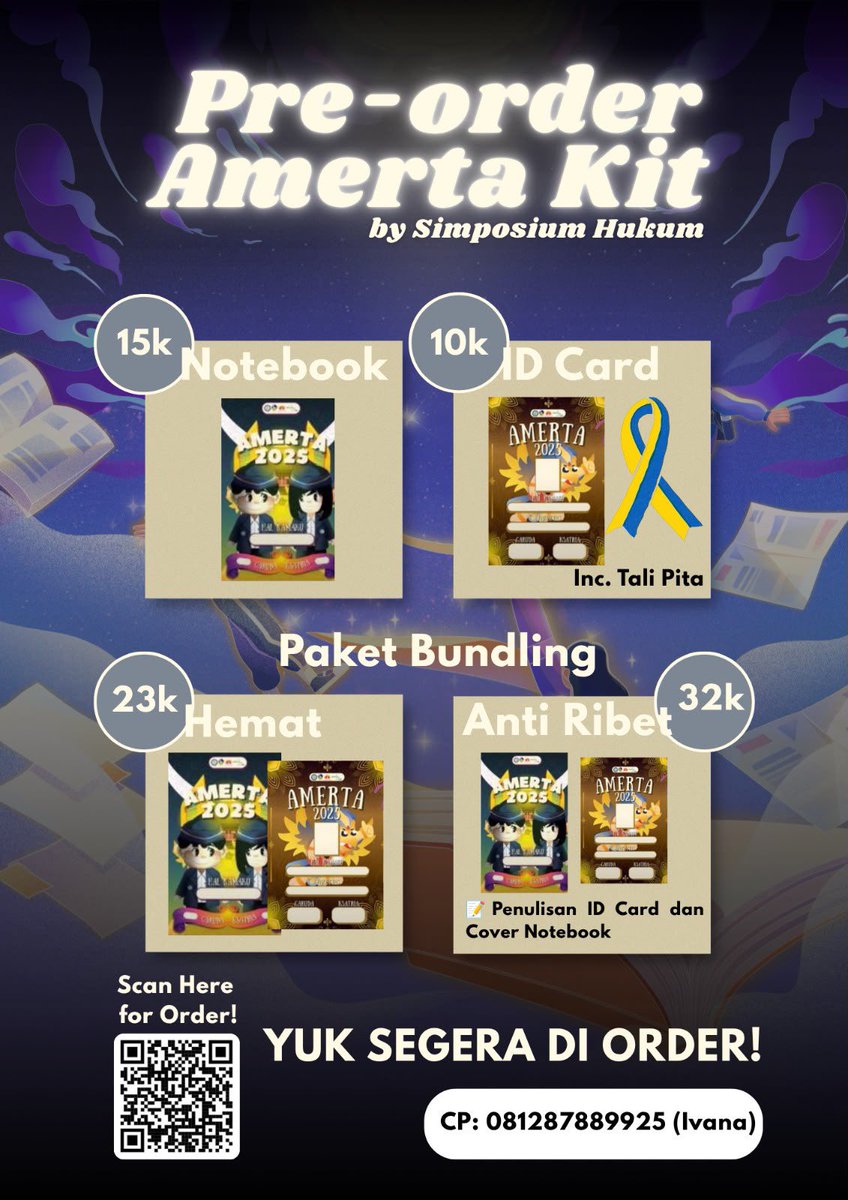 lcvelyjaem_'s tweet photo. OPEN PRE-ORDER AMERTA KIT 2026
Dibuka Sampai Tanggal 28 Juli 2026!

Halo Calon Ksatria Muda Airlangga!

1. ID Card (Inc. Tali Pita): Rp10.000
2. Notebook: Rp15.000
3. Jasa Penulisan Identitas ID Card dan Cover Notebook: Rp10.000

Contact Person: 081287889925 (Ivana)

#amerta2026 https://t.co/PrWp8HTZ7h