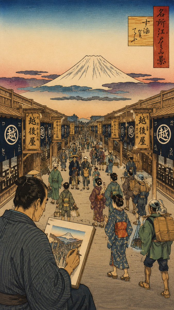 するがてふ　商店街　東京中央区　富士山と人々の浮世絵　歌川広重　江戸百景 印刷物