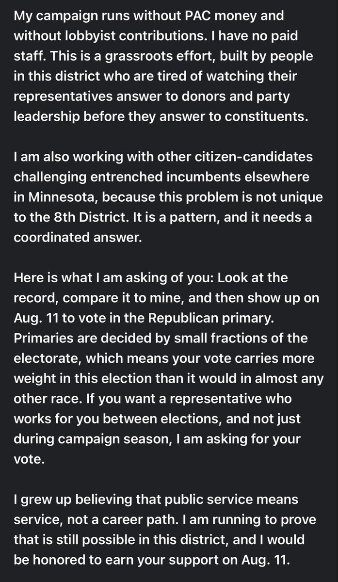Hamilton_CD8's tweet photo. @duluthnews invited both candidates in the CD8 Republican primary to make their case in print.

I wrote mine. Pete Stauber didn’t respond.

That’s the whole race in one line. If you want a representative who shows up when it costs him nothing to, and when it costs him something. Read this, then show up on Aug. 11.

https://t.co/BcsI7ckrHl